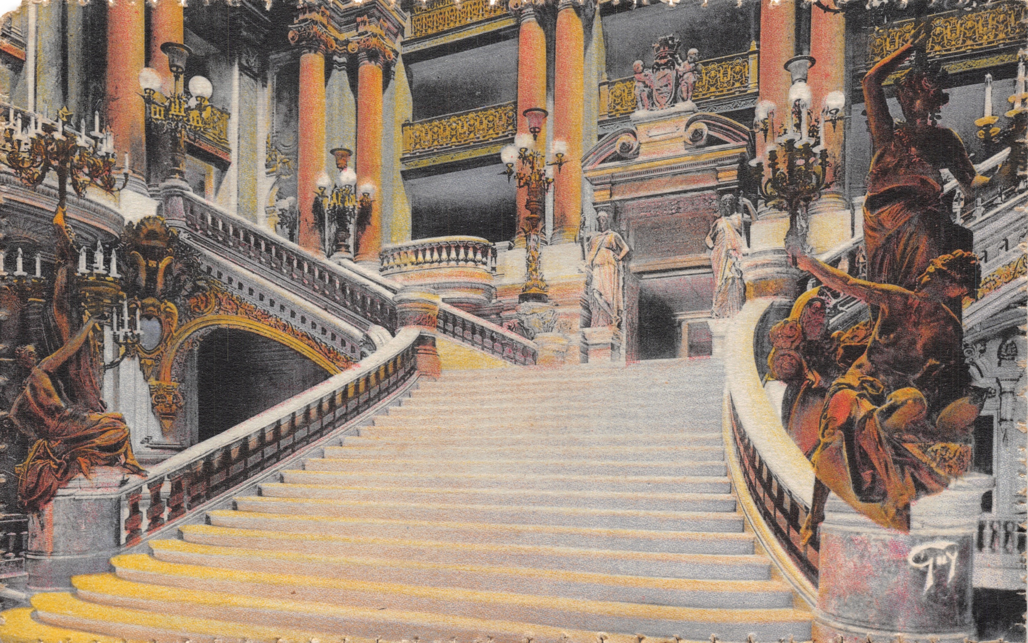 Ópera, gran escalera — vista interior decorada con estatuas y lámparas de araña — editor Académie, 38, rue de la Paix, Paris