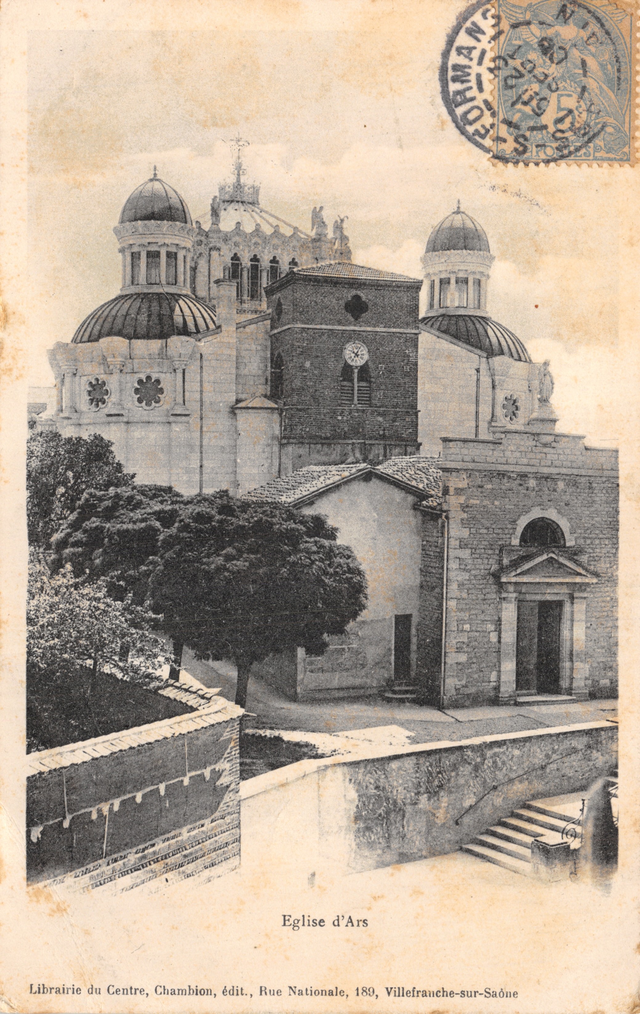 Église d'Ars — vue de l'édifice avec ses dômes et son clocher — Librairie du Centre, Chambion, édit., Rue Nationale, 189, Villefranche-sur-Saône