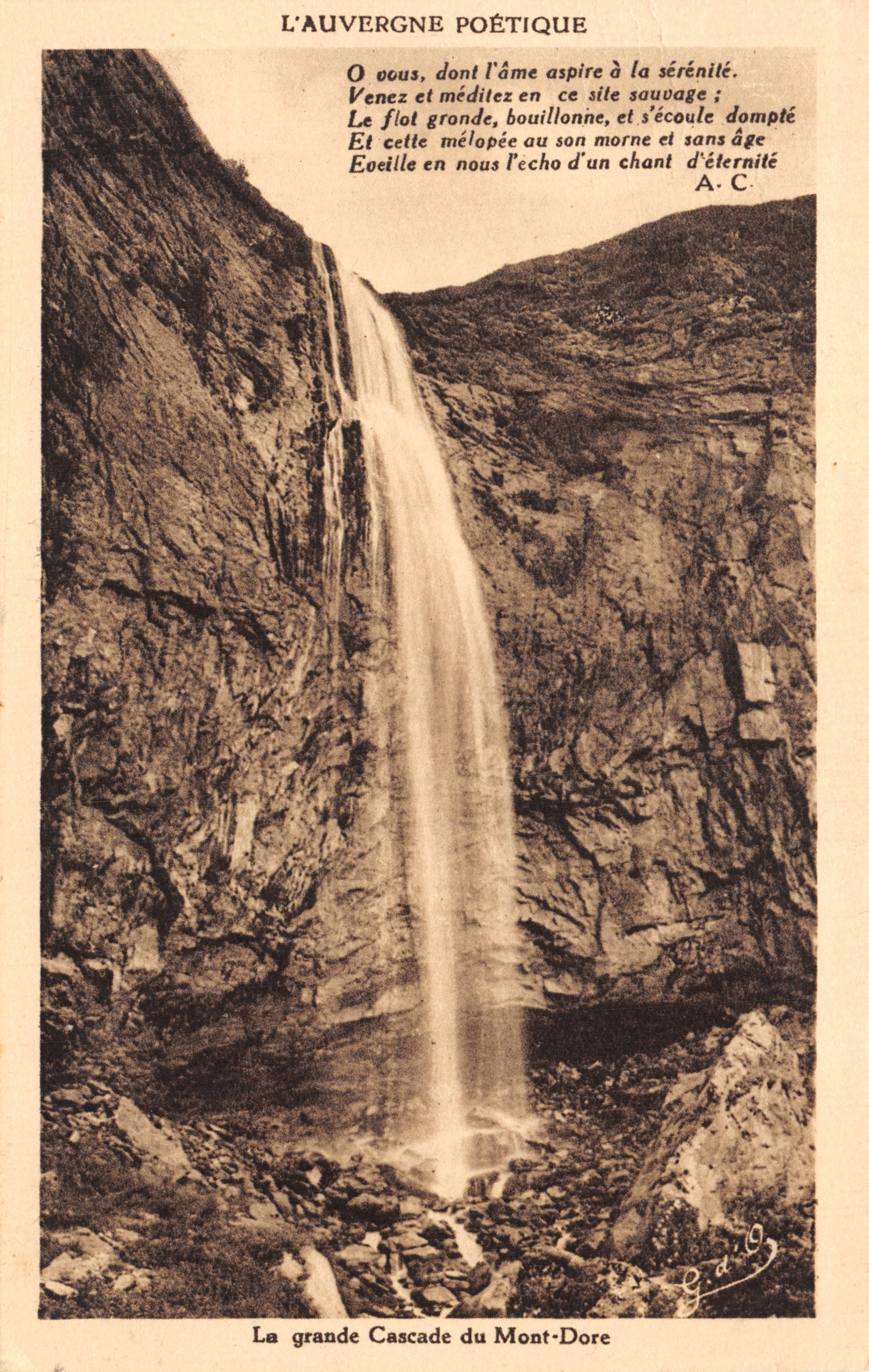De grote waterval van Mont-Dore — poëtische view met gedicht — uitgever J. Gouinfranges, uitg. van D