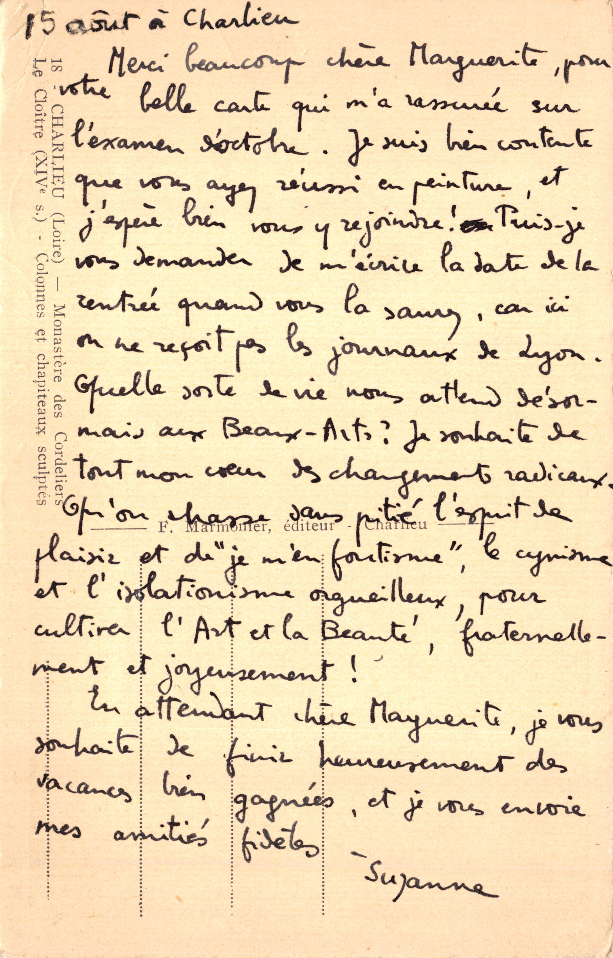 Il Cloître (XIV secolo) — Colonne e capitelli scolpiti — F. Marmontier, editore - Charlieu — Verso