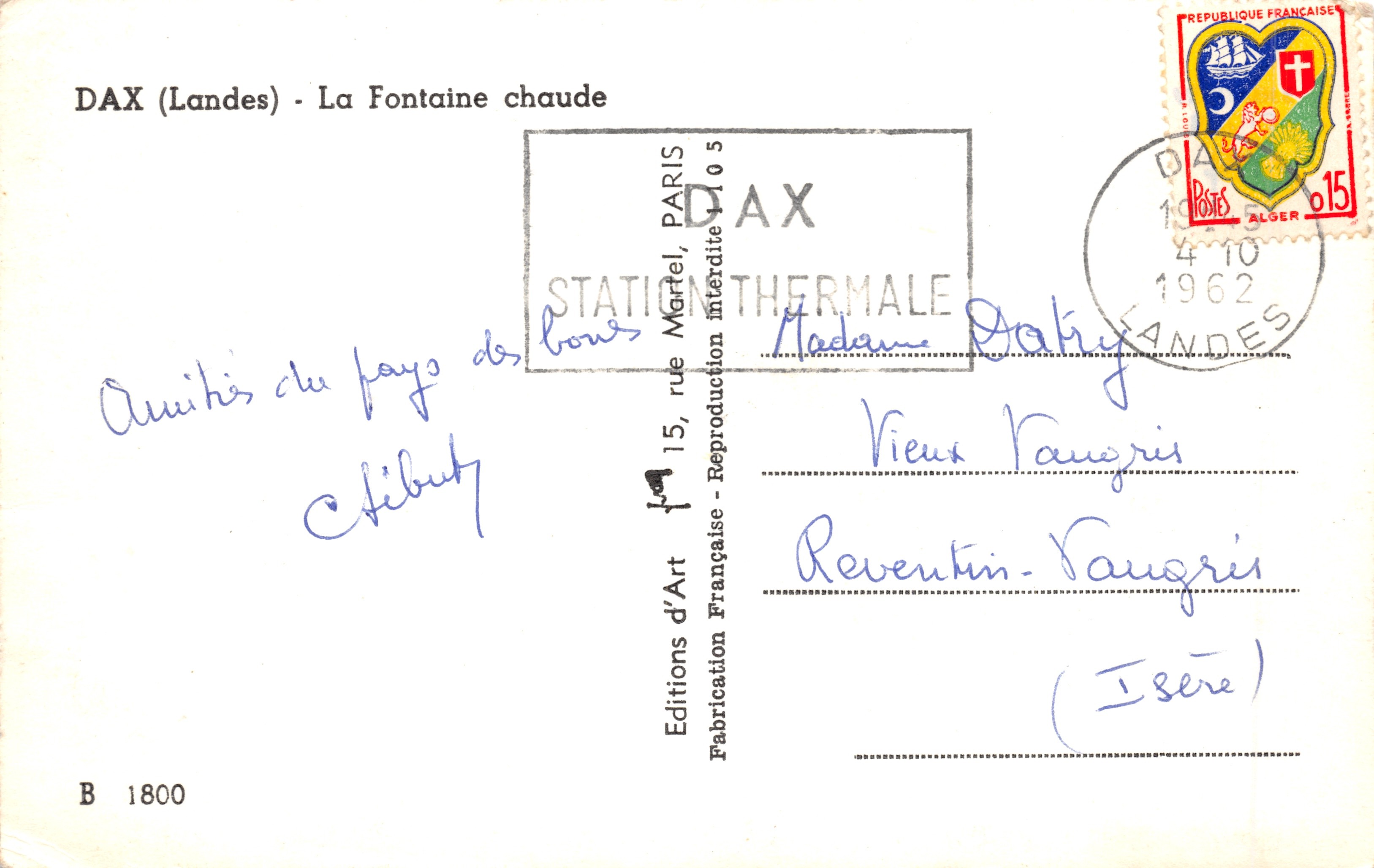 Dax (Landes) - Fuente caliente - Editor Éditions Françaises, n.º B 1800 — Reverso