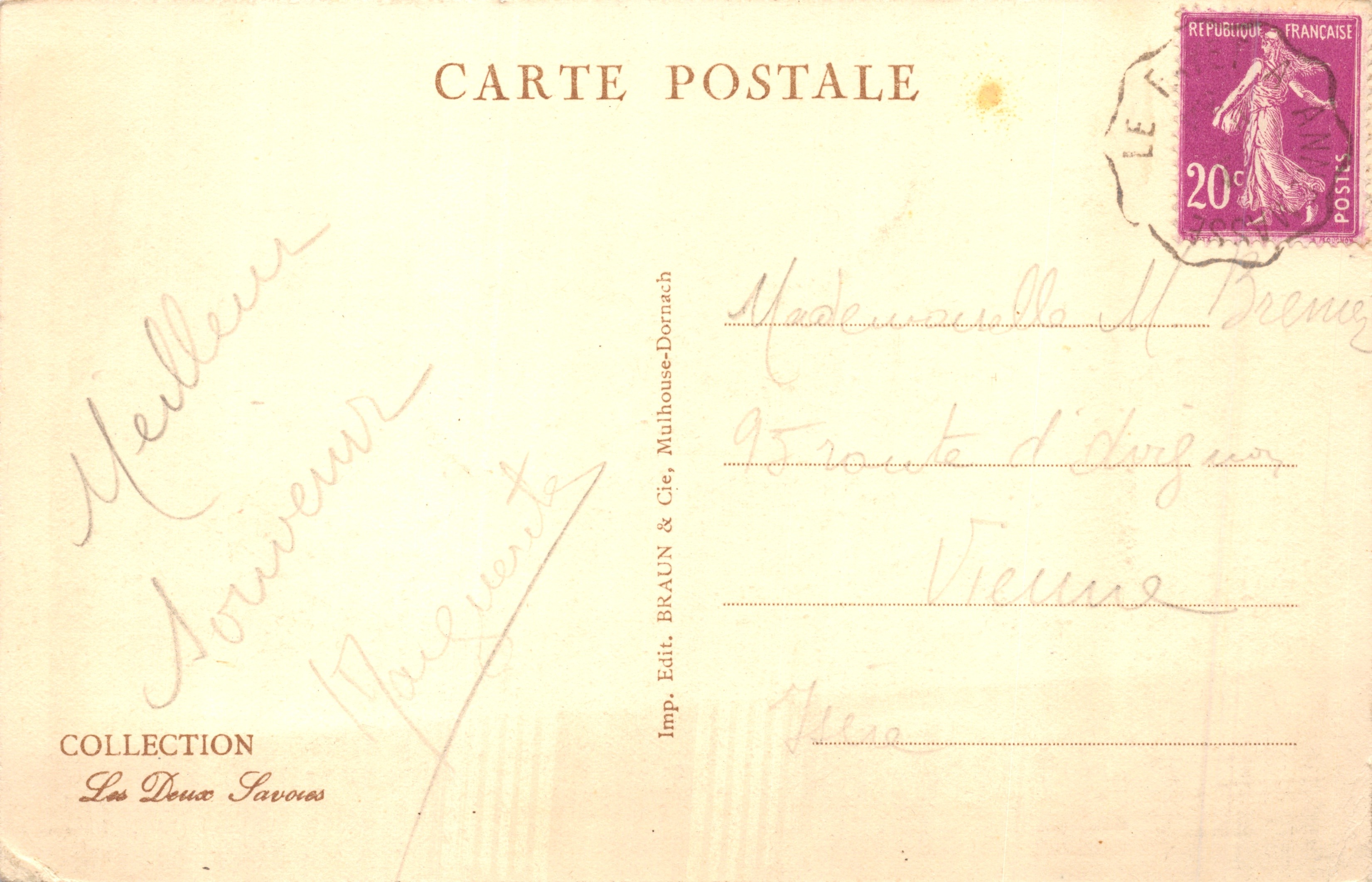 Chamonix — Lac Blanc e le Aiguilles — editore Imp. Braun & Cie, n° 12150 — Verso