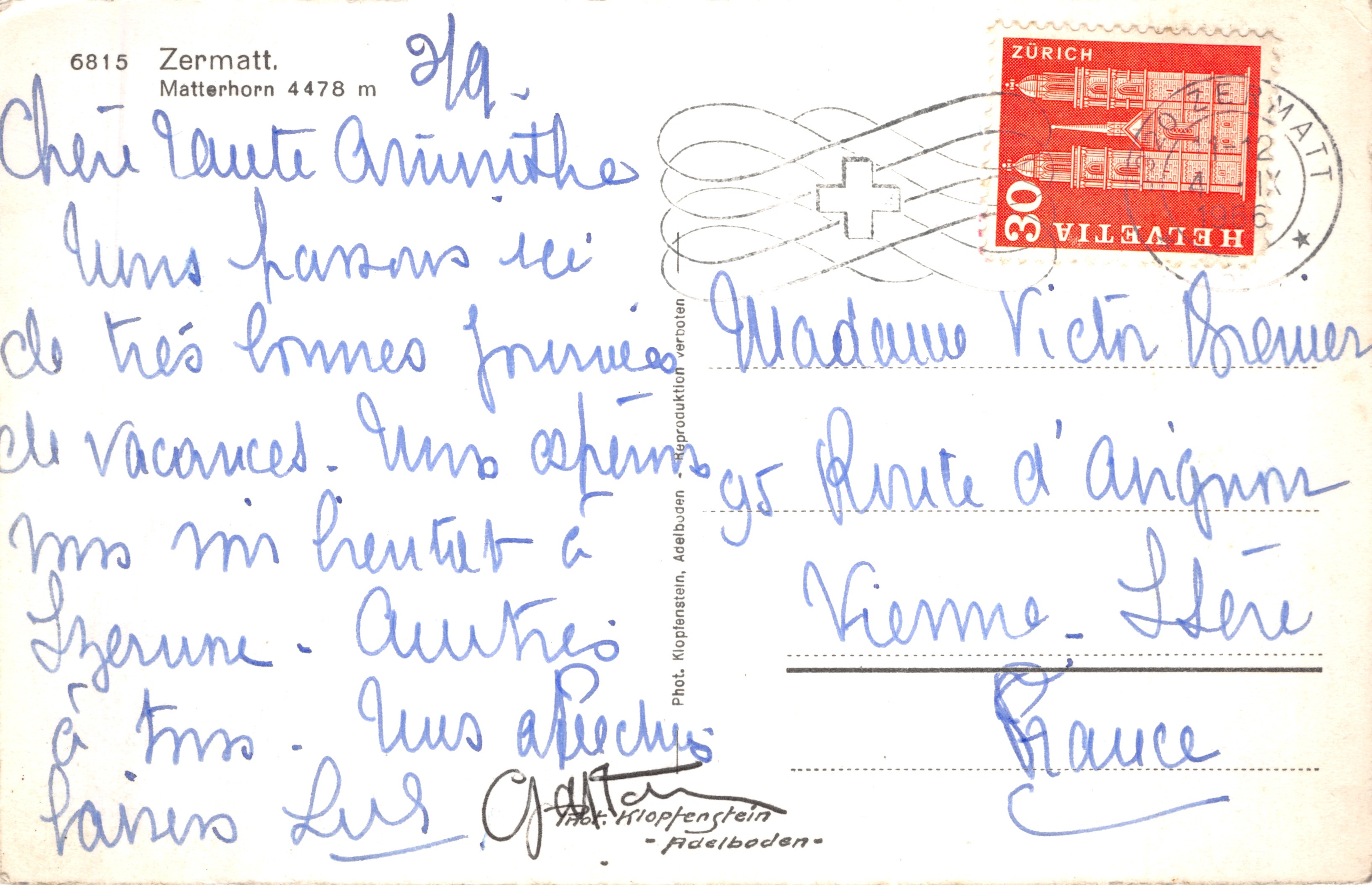 Matterhorn — sommet enneigé — Phot. Klopfenstein, Adelboden, n° 6815 — Reverso