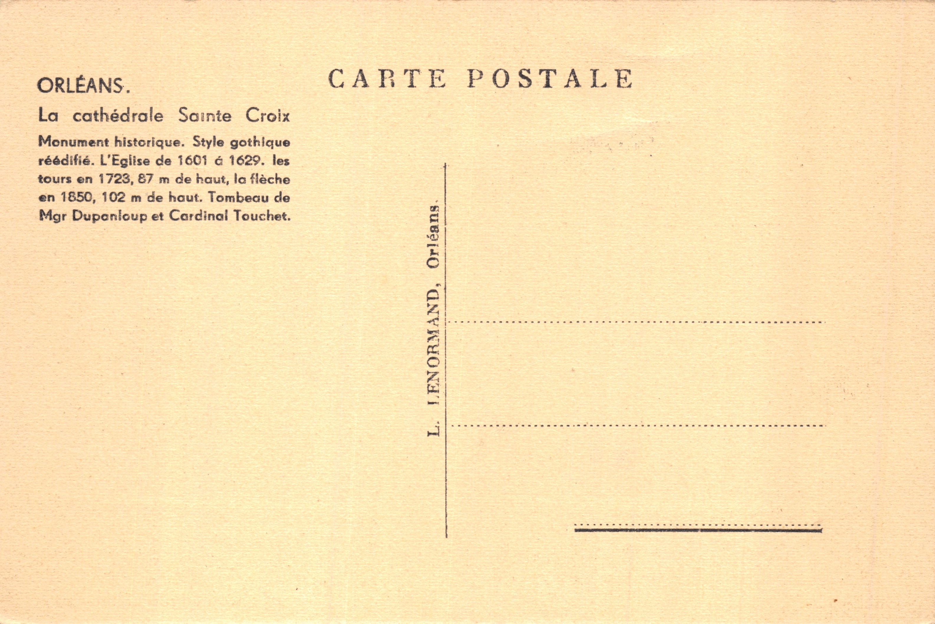 Orléans — La Cathédrale Sainte-Croix — éditeur L. Enormand, Orléans — Verso