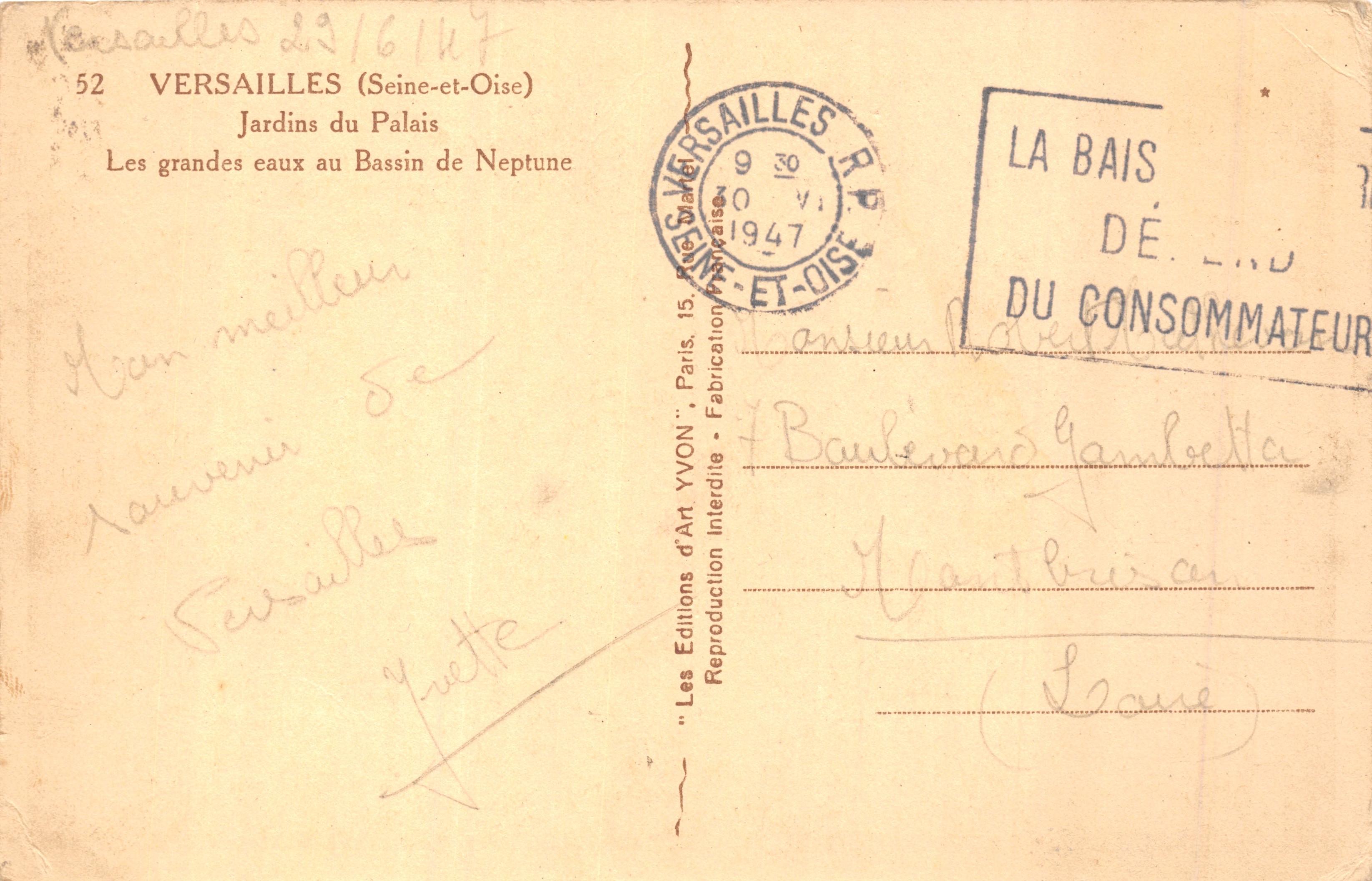 Versailles — Gardens of the Palace, Neptune Basin — Éditions d'Art YVON, n°52 — Back