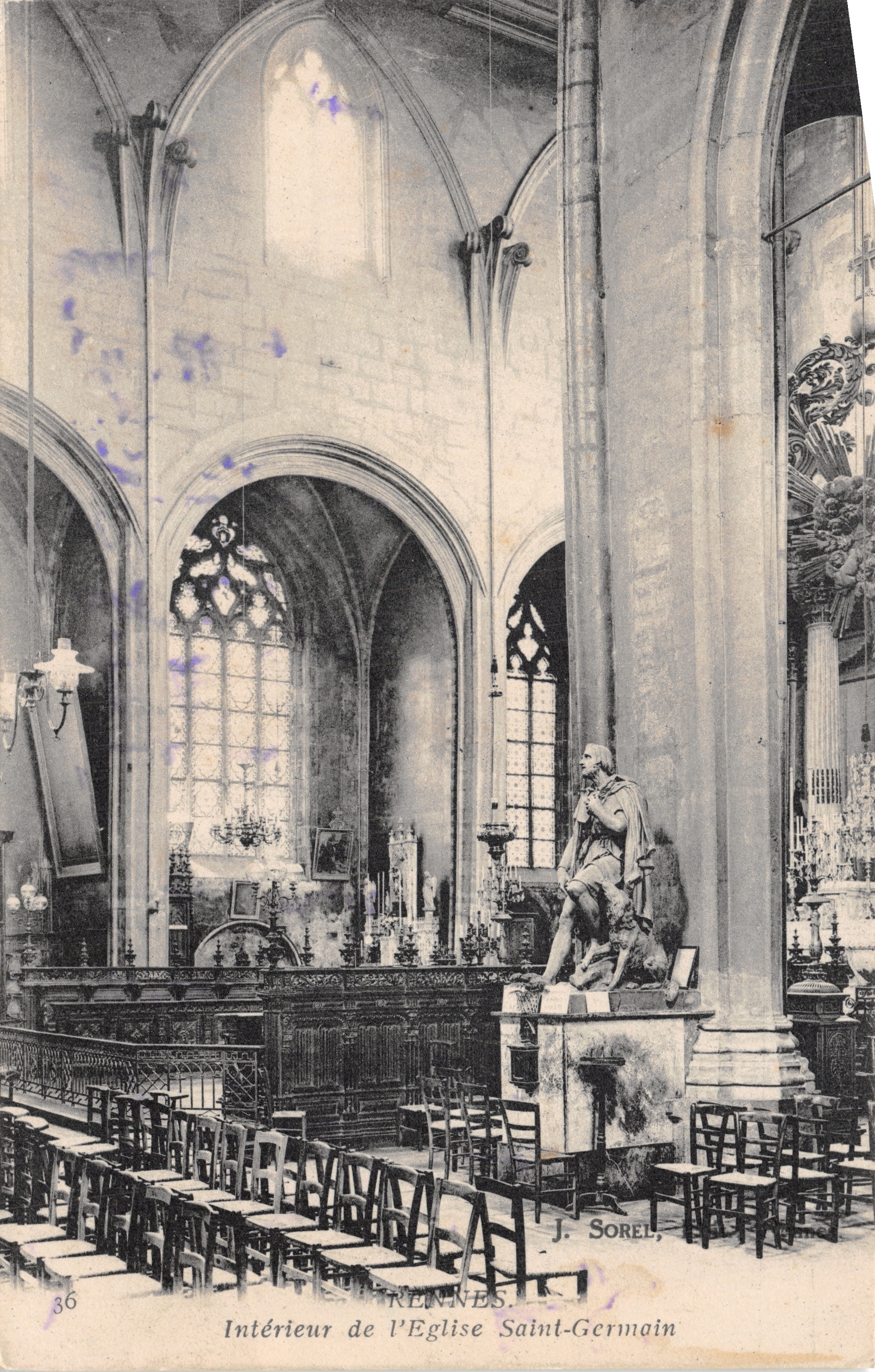Interno della chiesa di Saint-Germain — vista della navata con statua e vetrate — J. Sorel, n. 36