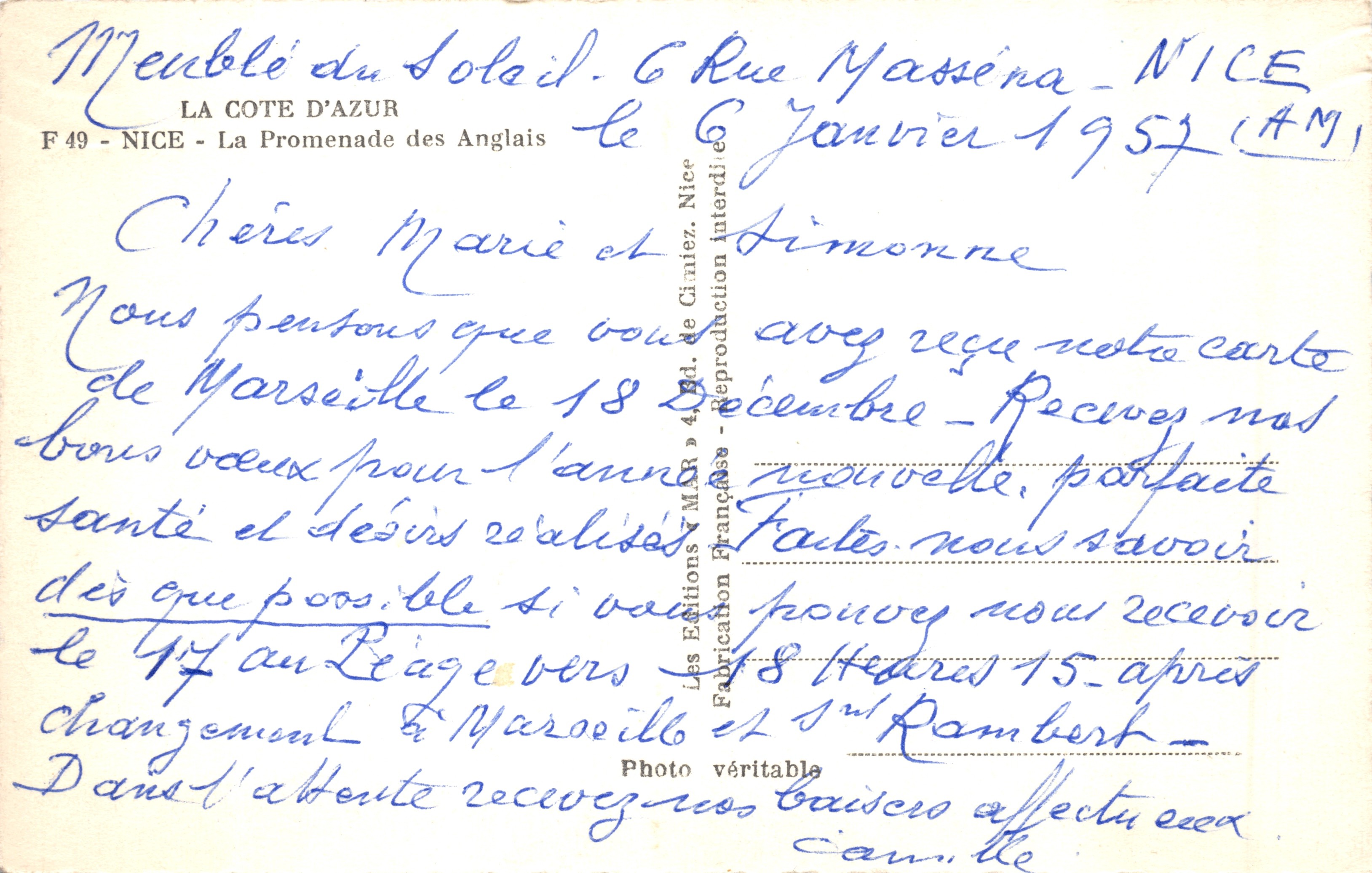 Vue de la Promenade des Anglais — Nice — éditeur Les Éditions M.A.R. n° F 49 — Achterkant