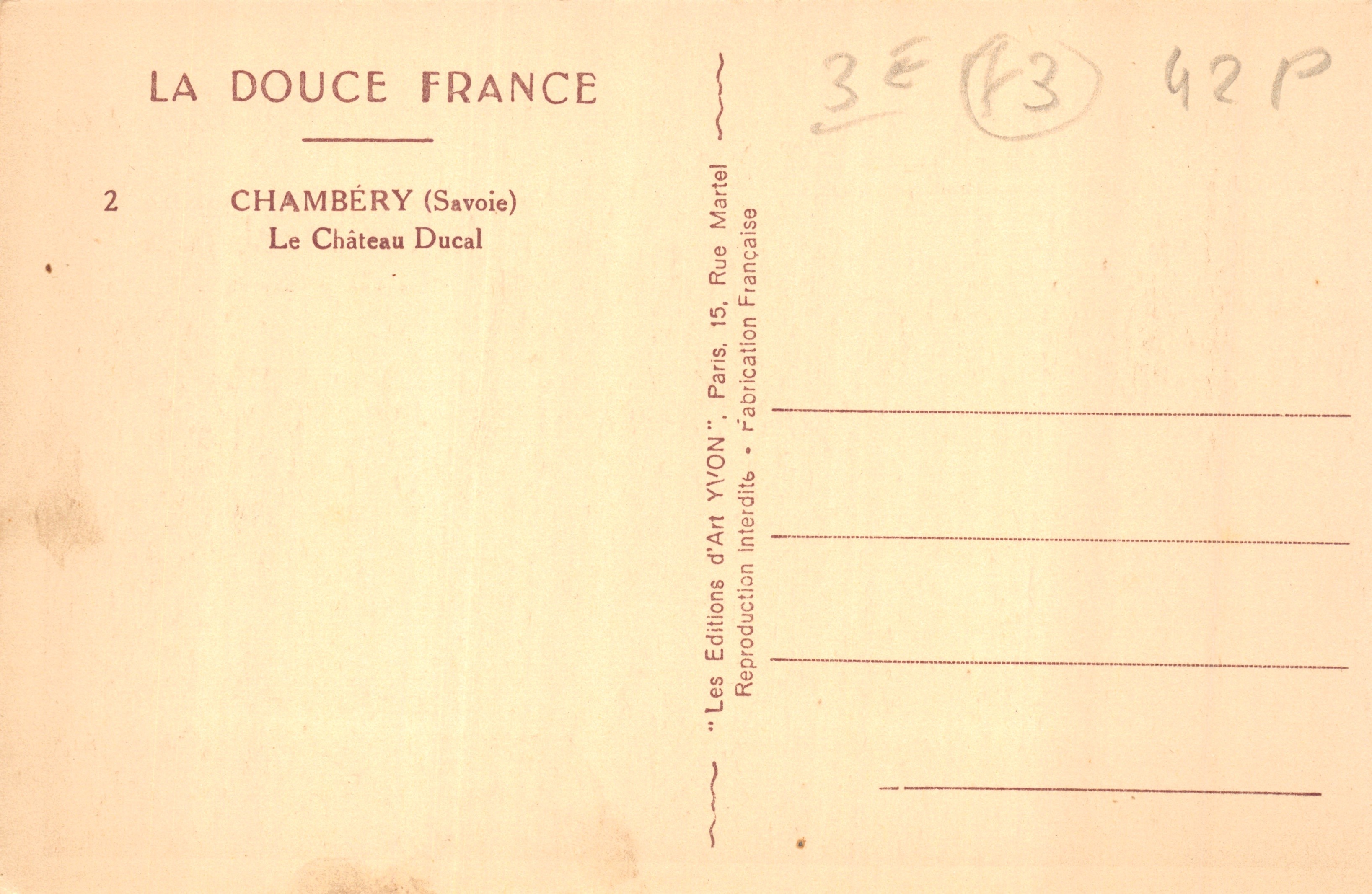 Chambéry — Der Ducal Schloss — Éditions d'Art YVON — Rückseite