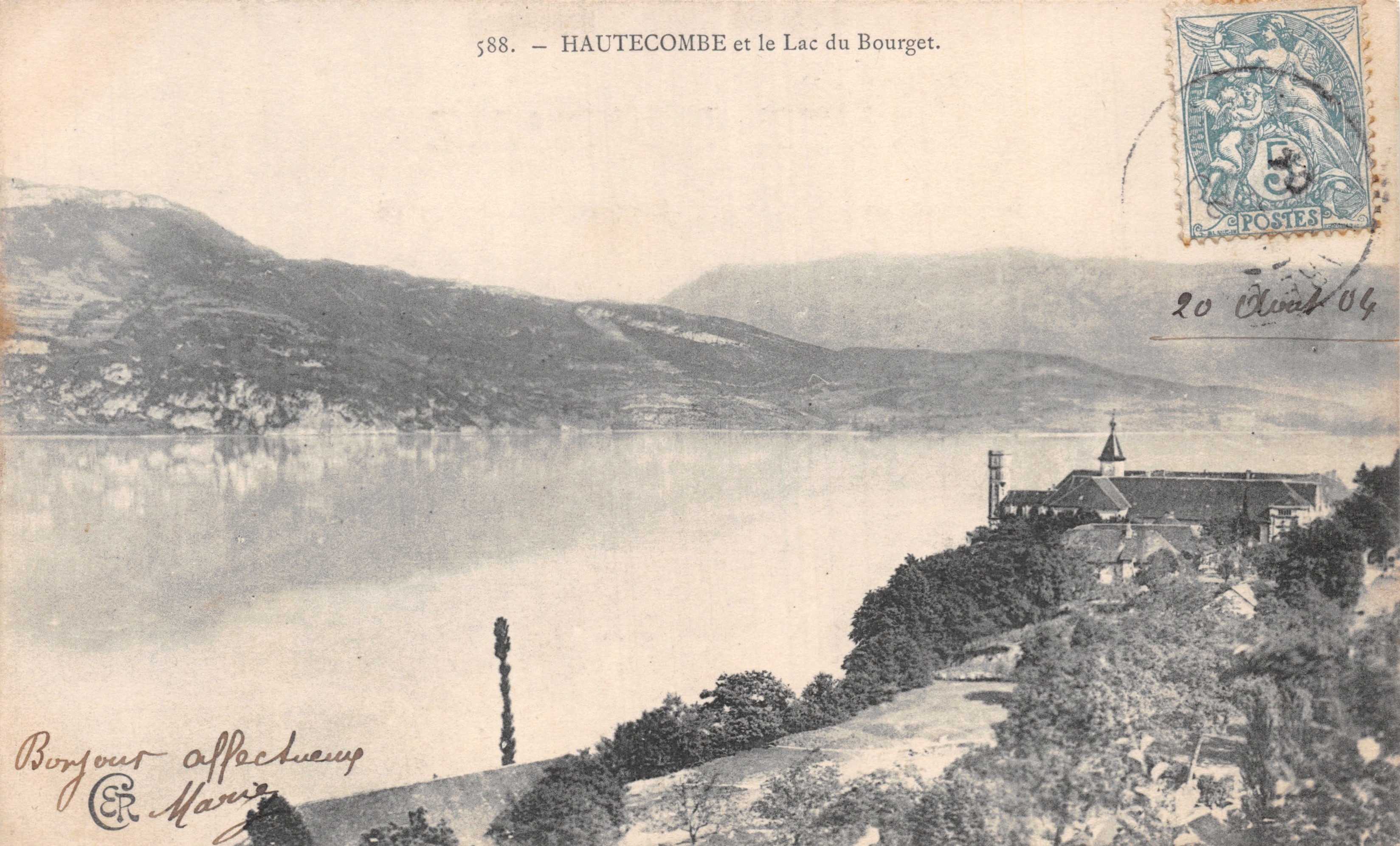 Haute-Côme en het meer van Bourget — panoramisch uitzicht met gebouw aan de oever — uitgever C.R. Marie, n° 588