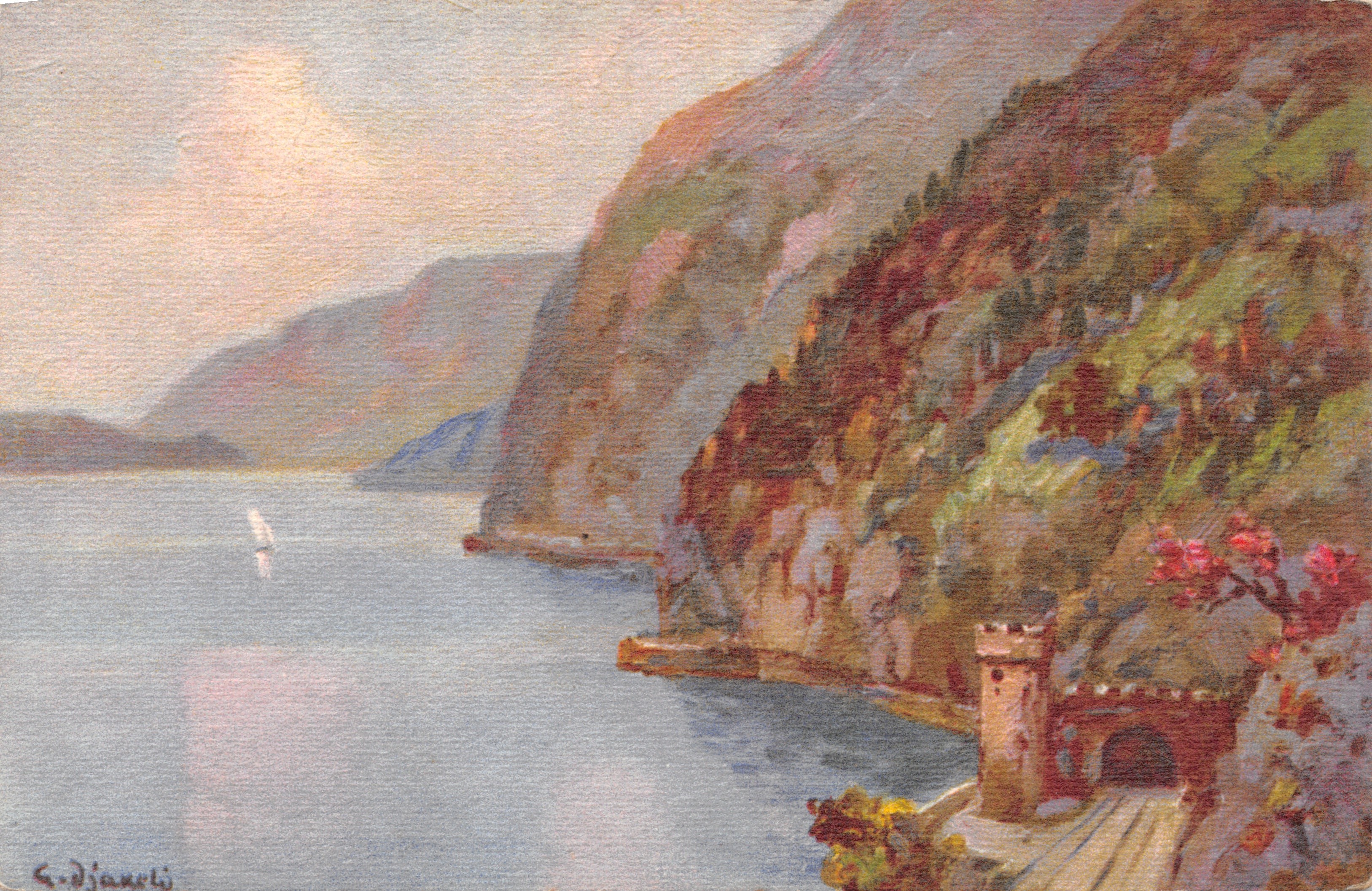 Lago Bourget — vista del lago con castello e montagne — C.E.L.A. Ginevra