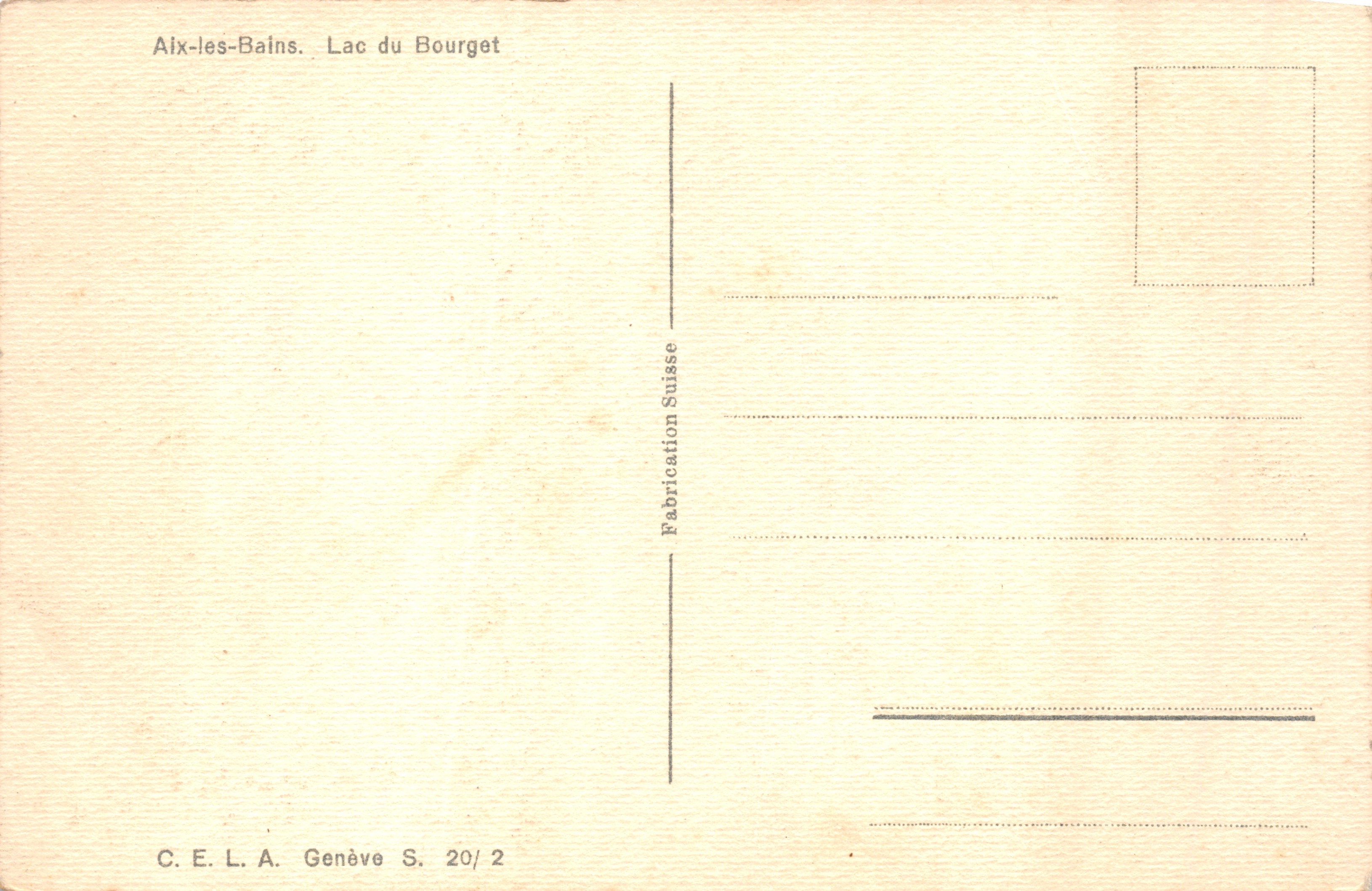 Lago Bourget — vista del lago con castello e montagne — C.E.L.A. Ginevra — Verso