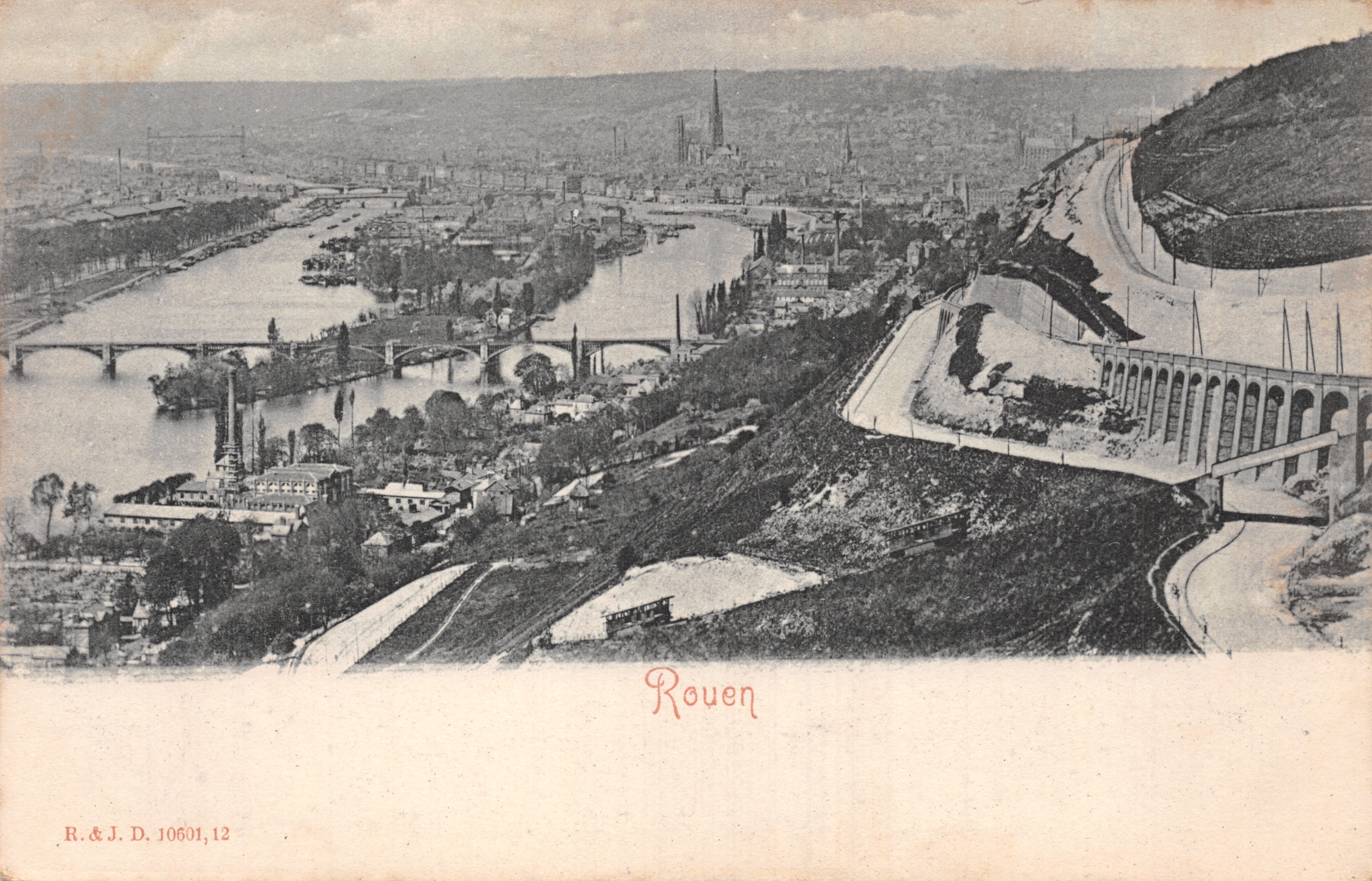Vue aérienne de Rouen — ponts sur la Seine et viaduc — éditeur R.&J.D. n°10601,12