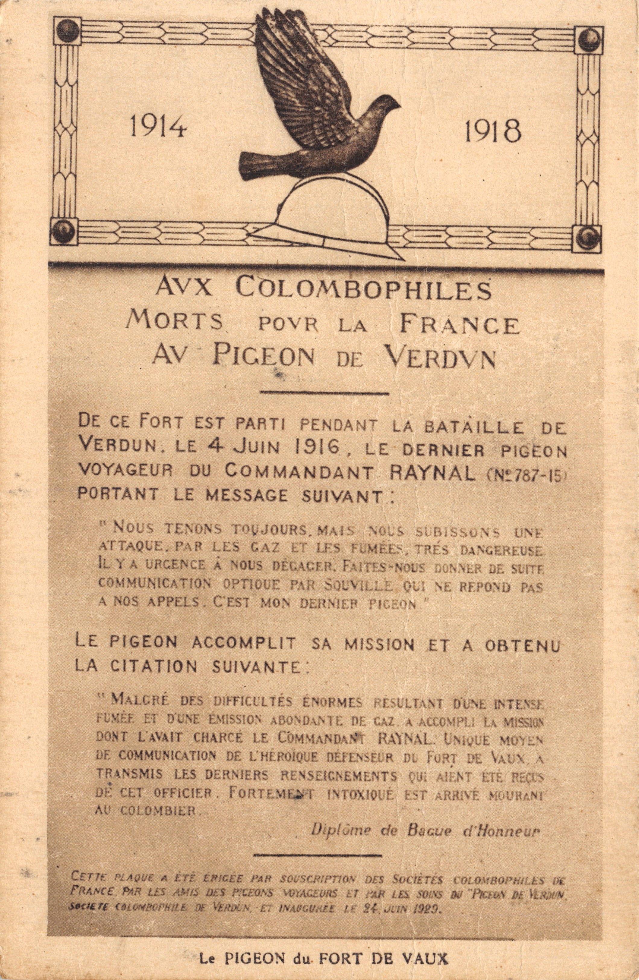 Pigeon voyageur mort pour la France — Fort de Vaux — éditeur Védon Tourisme