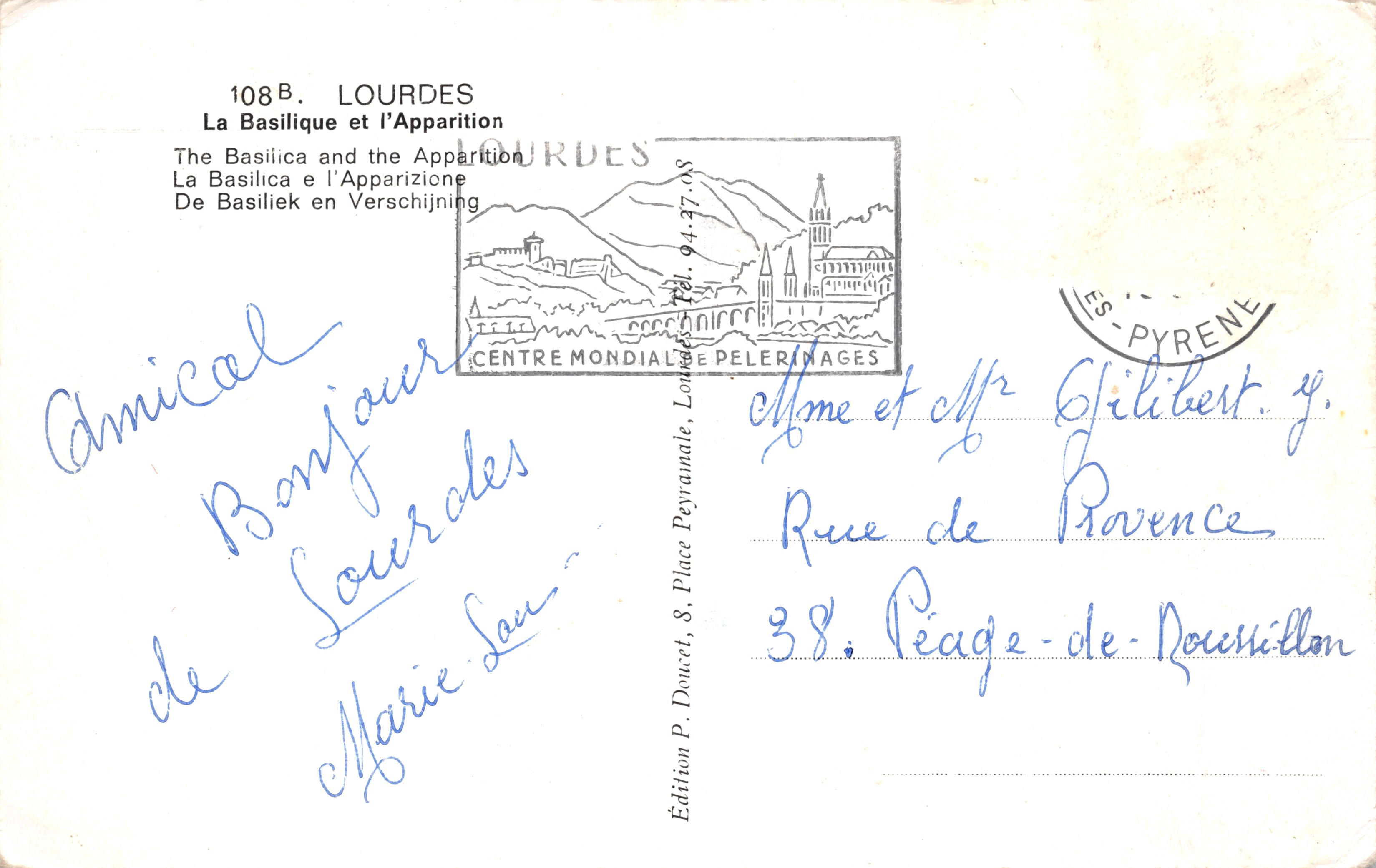 Lourdes — Apparition de Notre-Dame de Lourdes — Édition P. Doucet, n° 108B — Verso