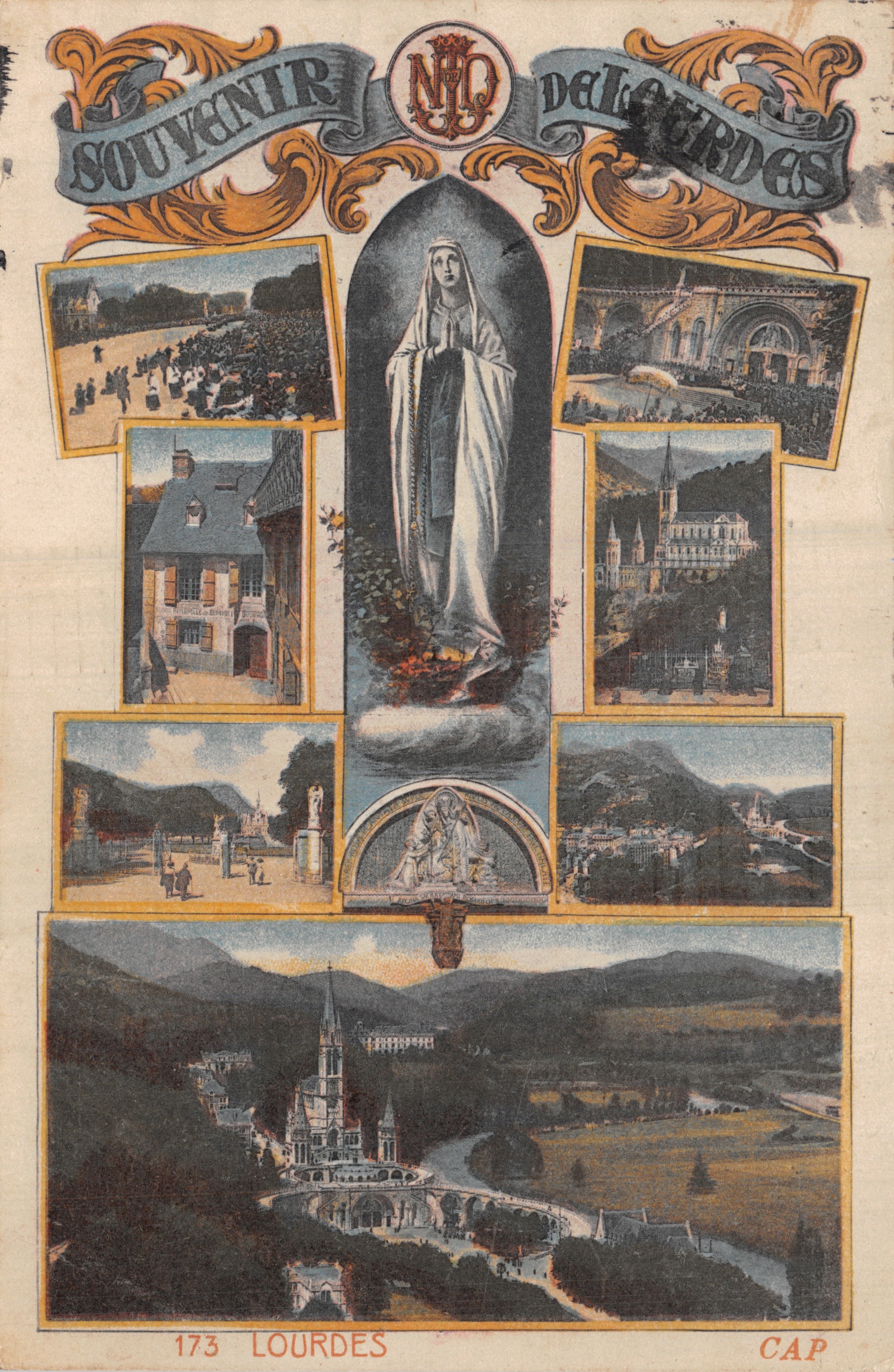 Lourdes — vista panorámica y escenas religiosas — editor CAP, n.º 173