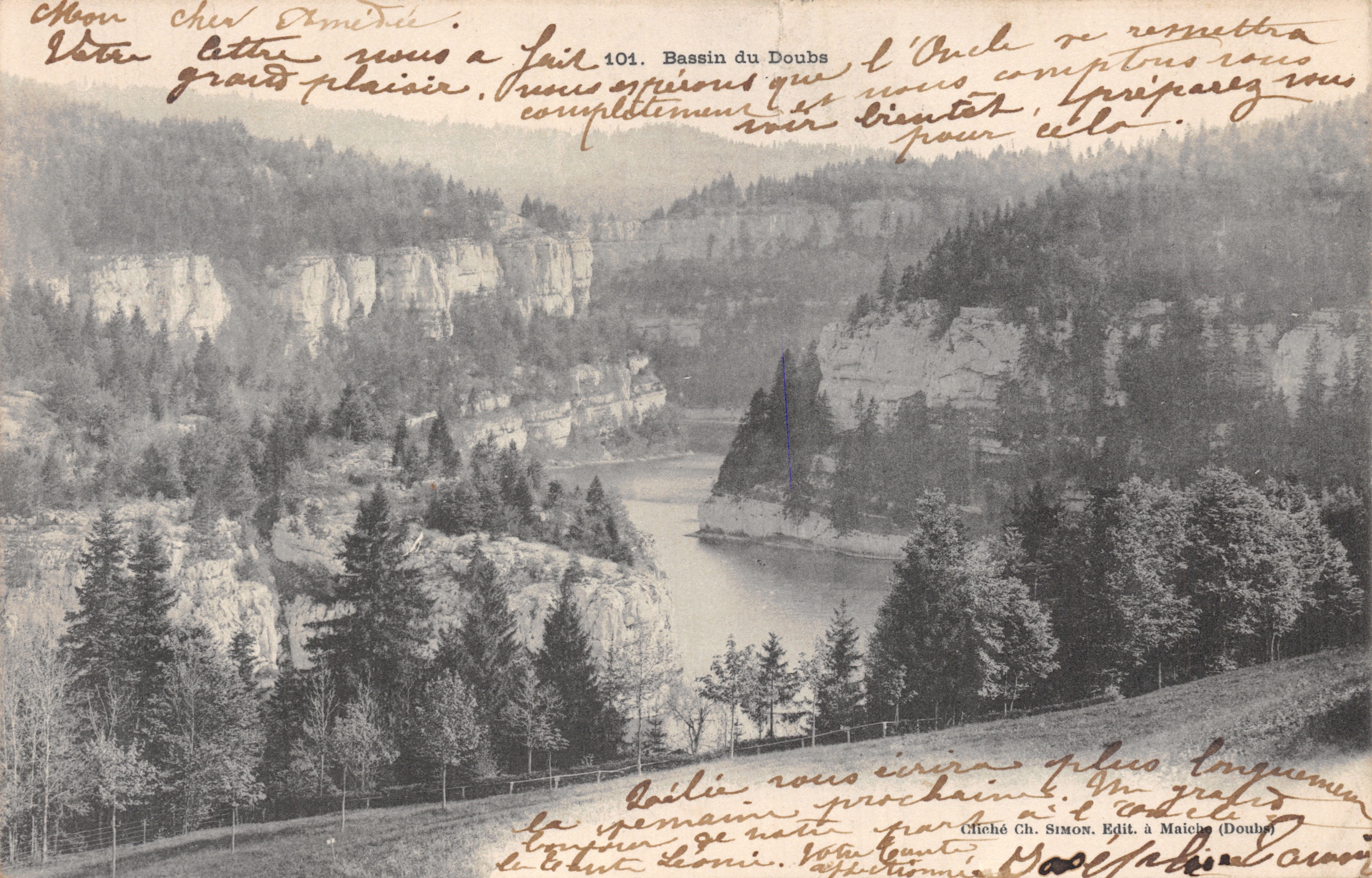Bassin du Doubs — uitzicht op het canyon met rotswanden en rivier — Cliché Ch. Simon, Edit. à Maîche (Doubs) n°104