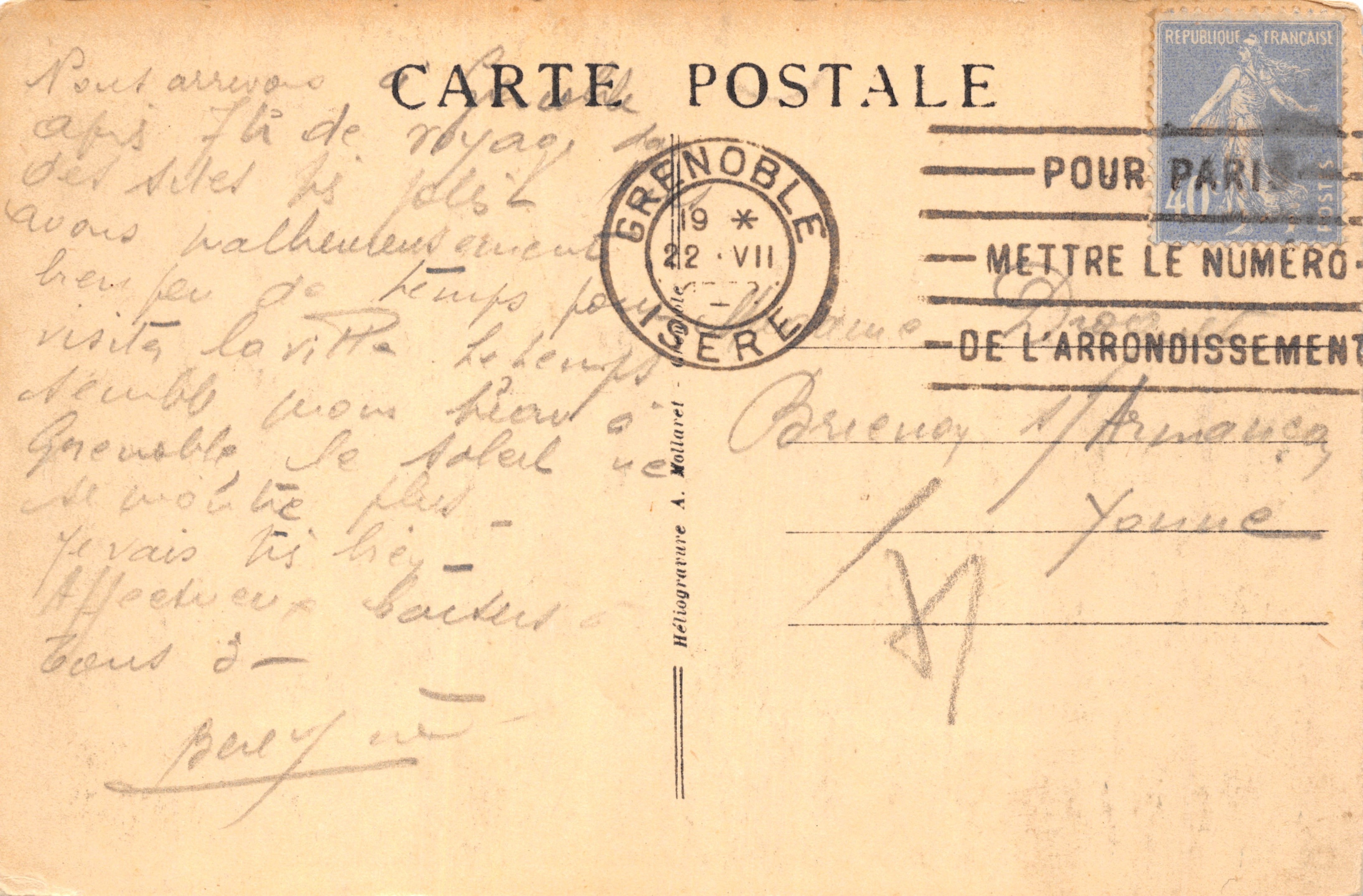 Grenoble — De Pont Contard, de Isère en het Moucherotte — Uitgever Héliogravure A. Molliard, n° 10.503 — Achterkant