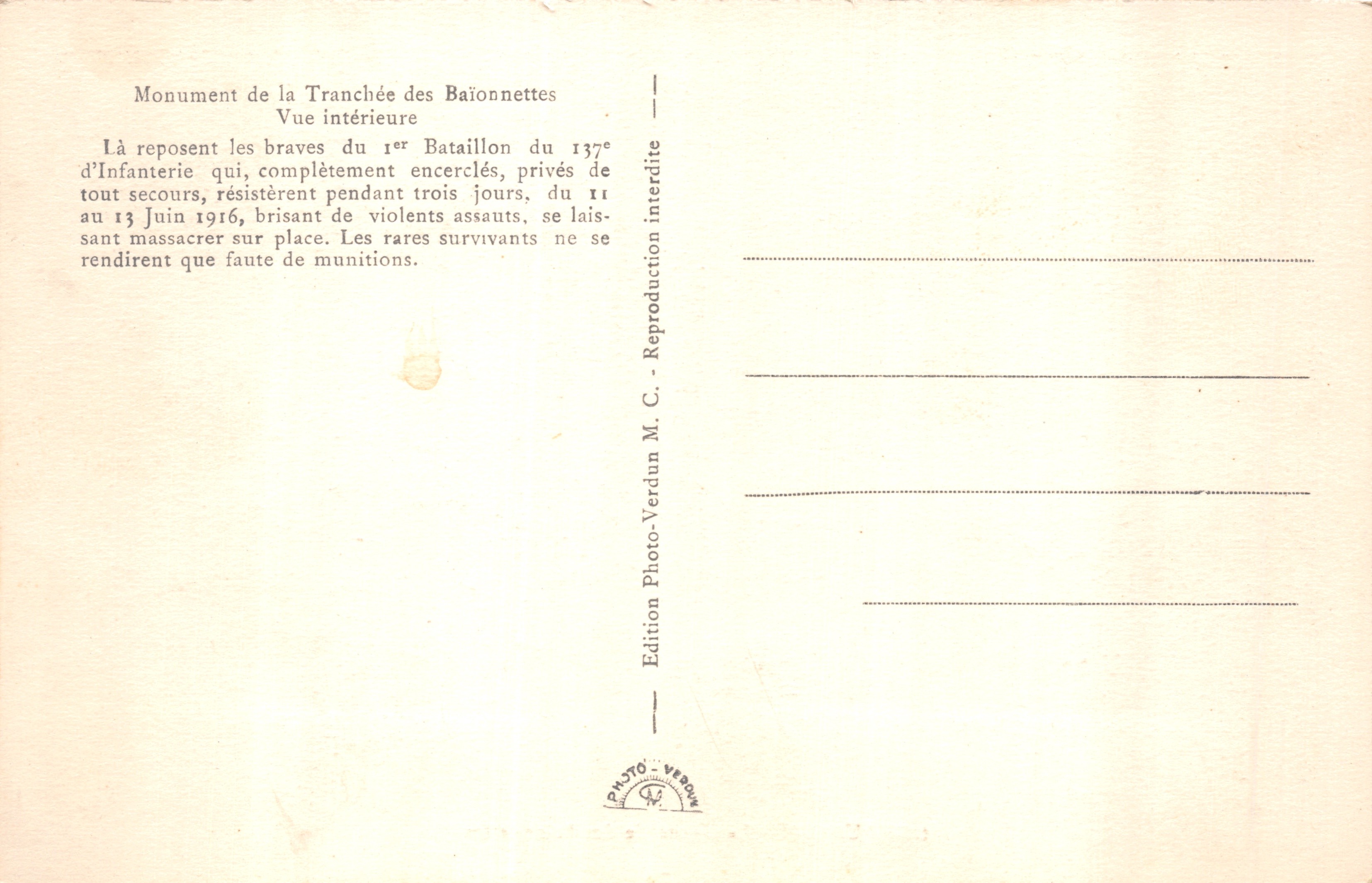Douaumont — La Trincea delle Baionette — Monumento della Trincea delle Baionette — Verso