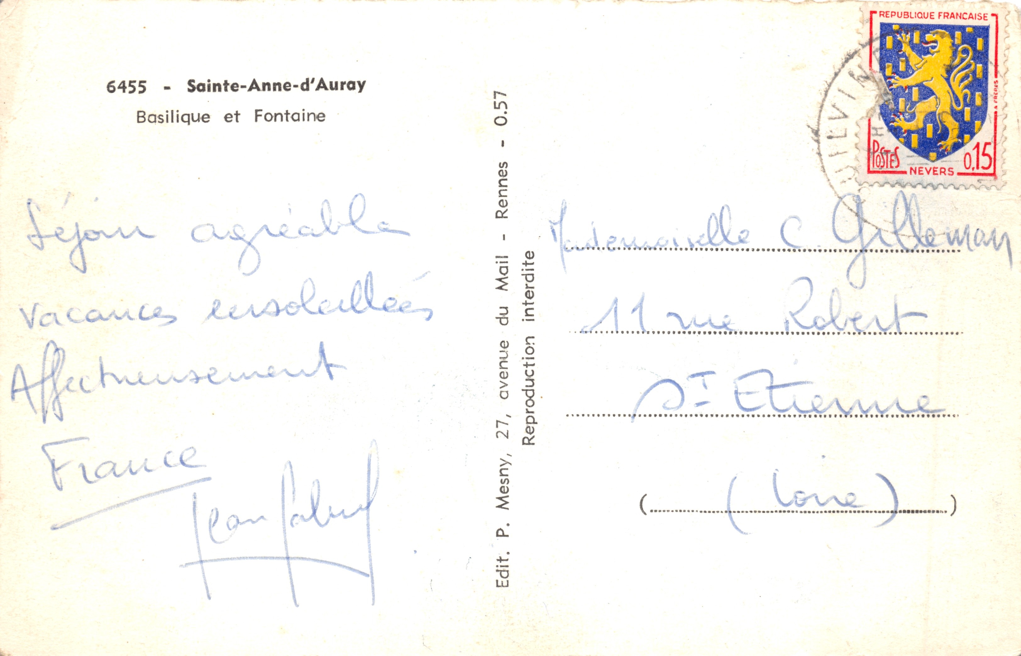 Sainte-Anne-d'Auray — Basilica e Fontana — Edit. P. Mesny, 27, avenue du Mail, Rennes — Verso