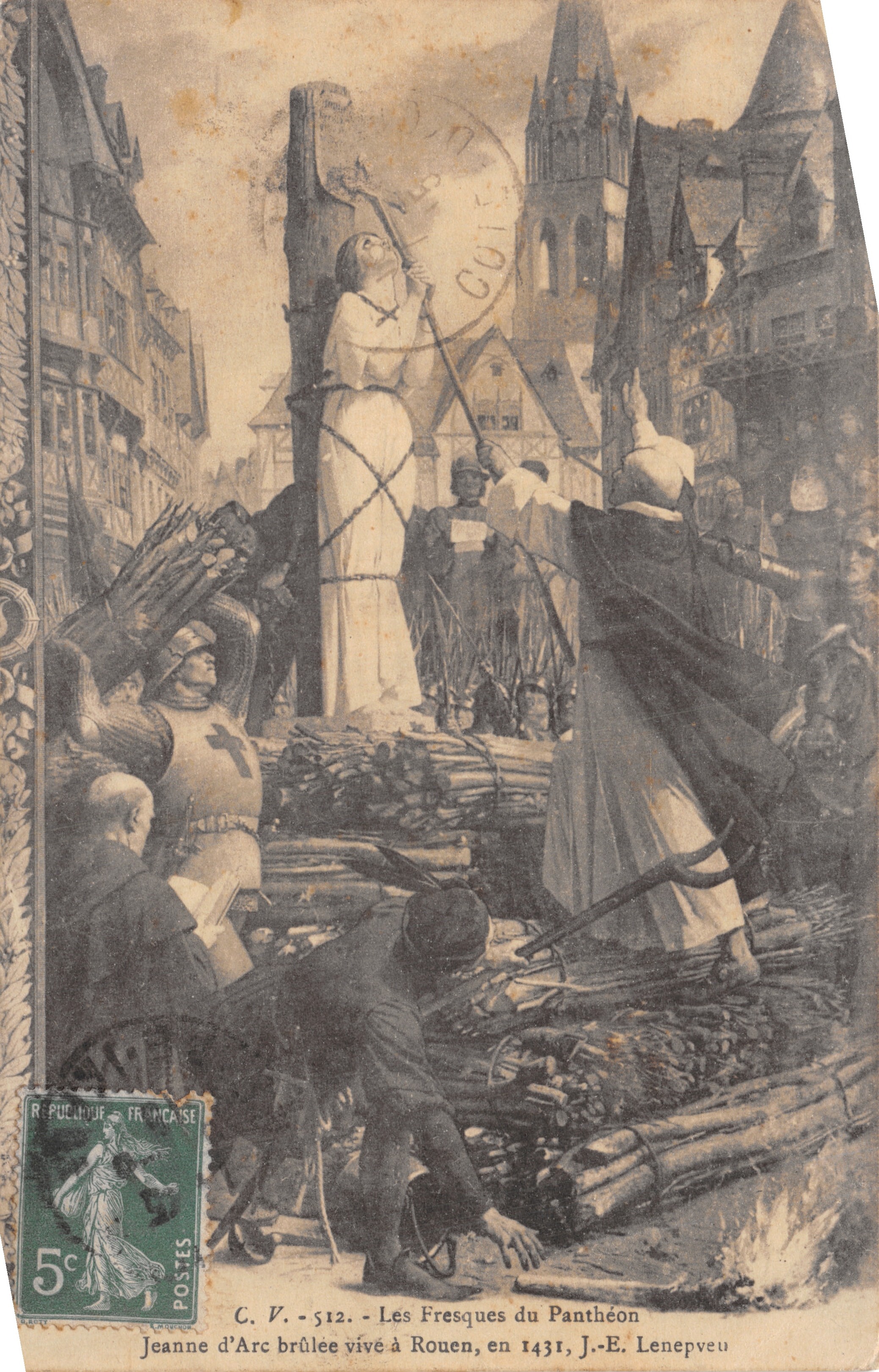 Jeanne d'Arc brûlée vive à Rouen — Les Fresques du Panthéon, éditeur J.-E. Lenepveu, n° C. V. - 512
