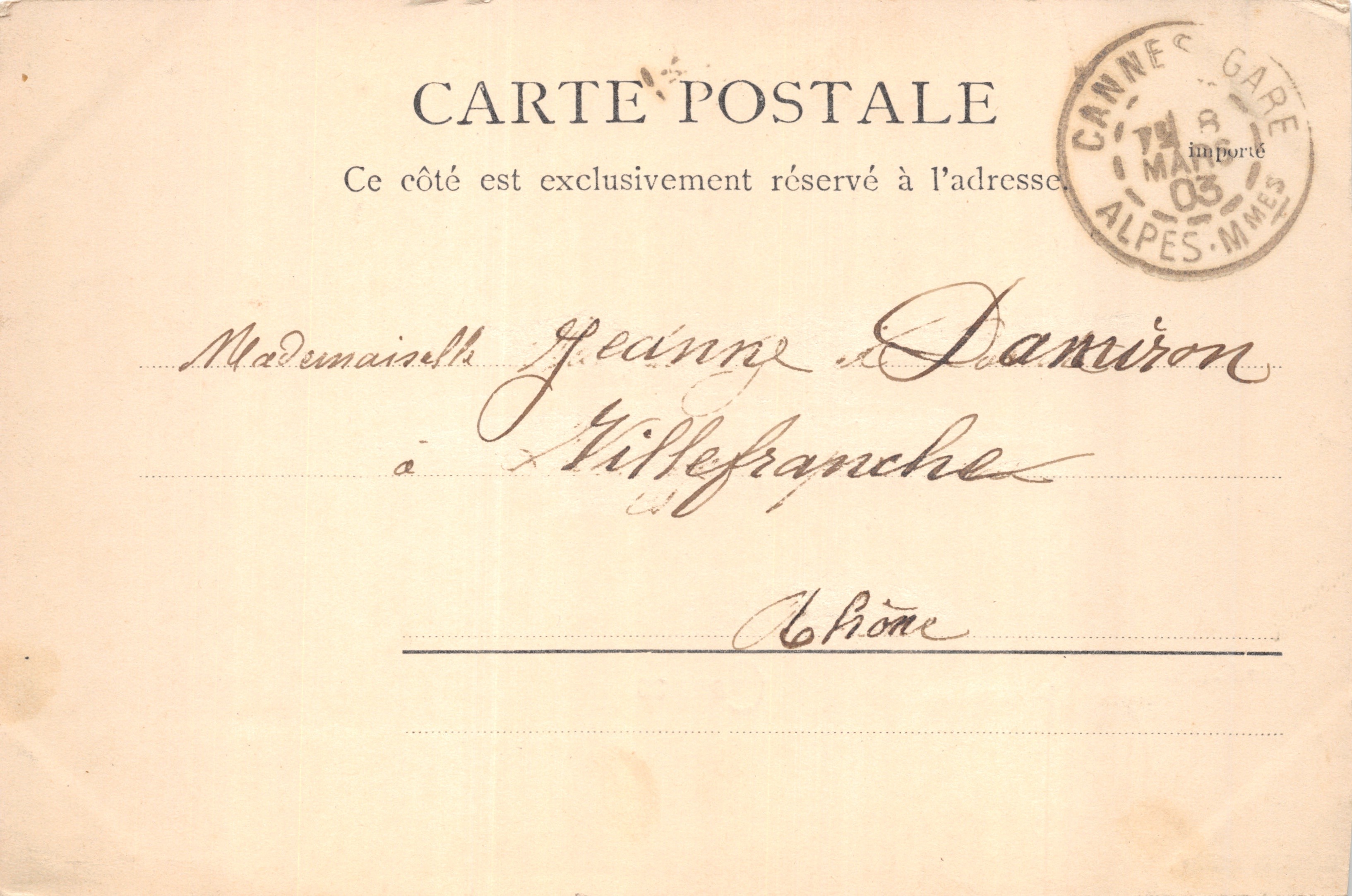 Grand Hôtel Cannes — vue de l'entrée avec grille ornée et palmiers — éditeur R.&J.D. n°10394 F.D — Verso