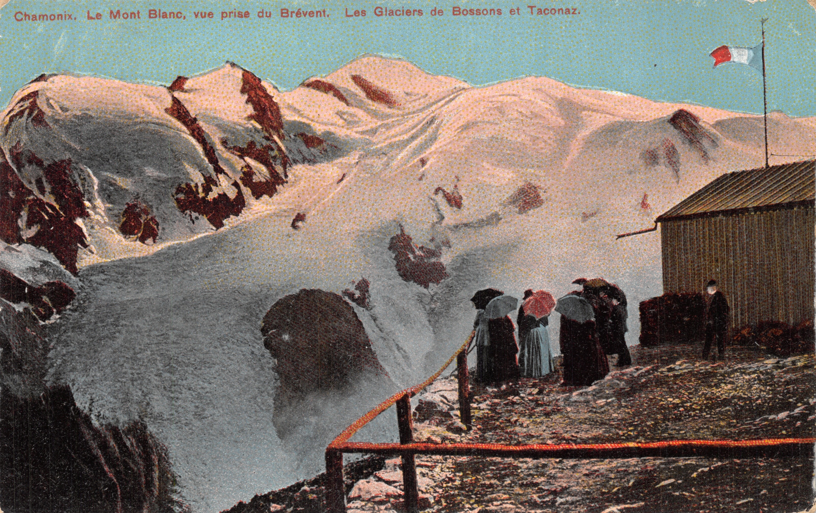 Chamonix. Le Mont Blanc, vue prise du Brévent — Les Glaciers de Bossons et Taconaz. Éditeur : Cartolina Postale