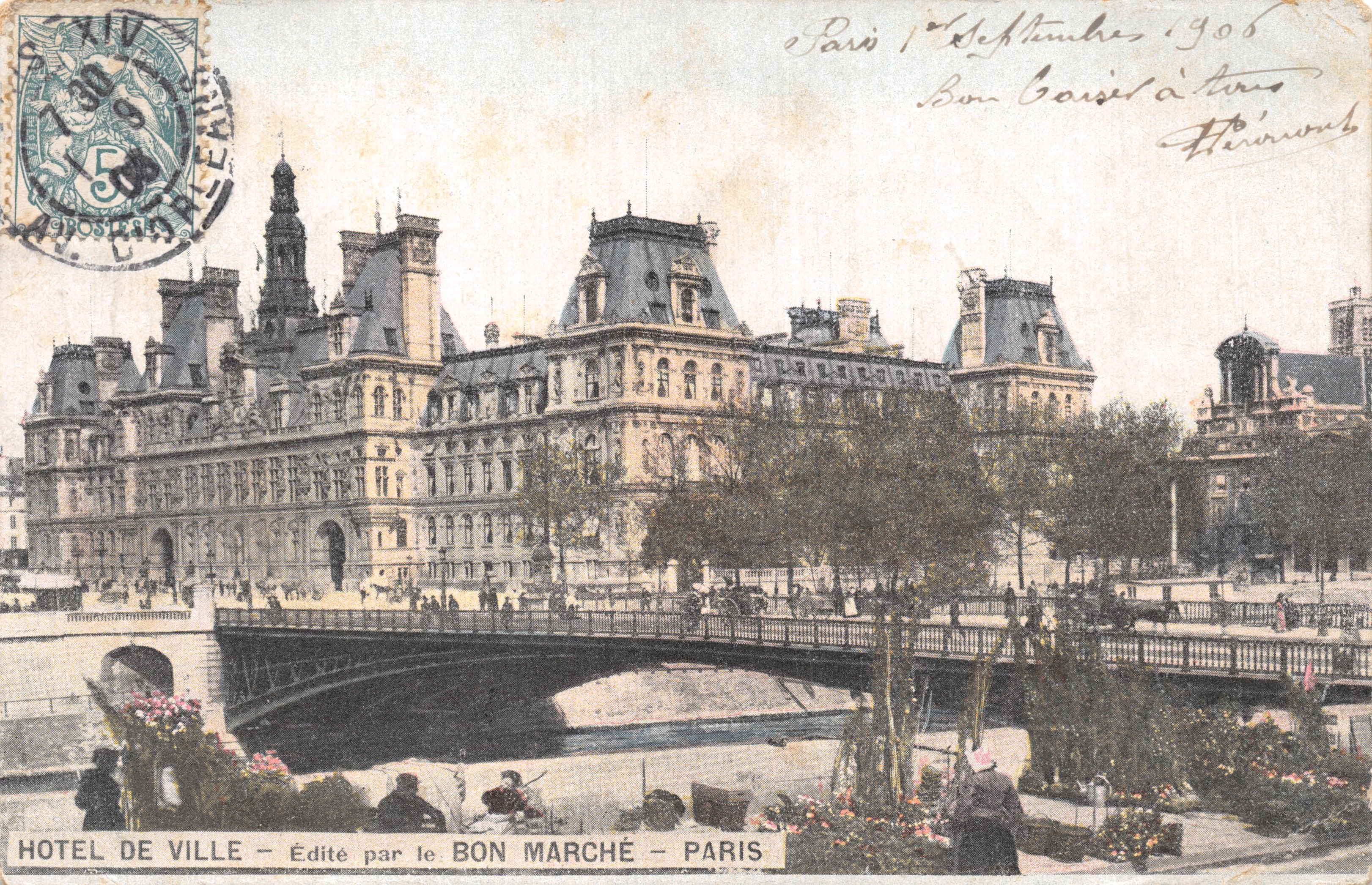 Hôtel de Ville — vista del puente sobre la Senna — editado por BON MARCHÉ - PARIS