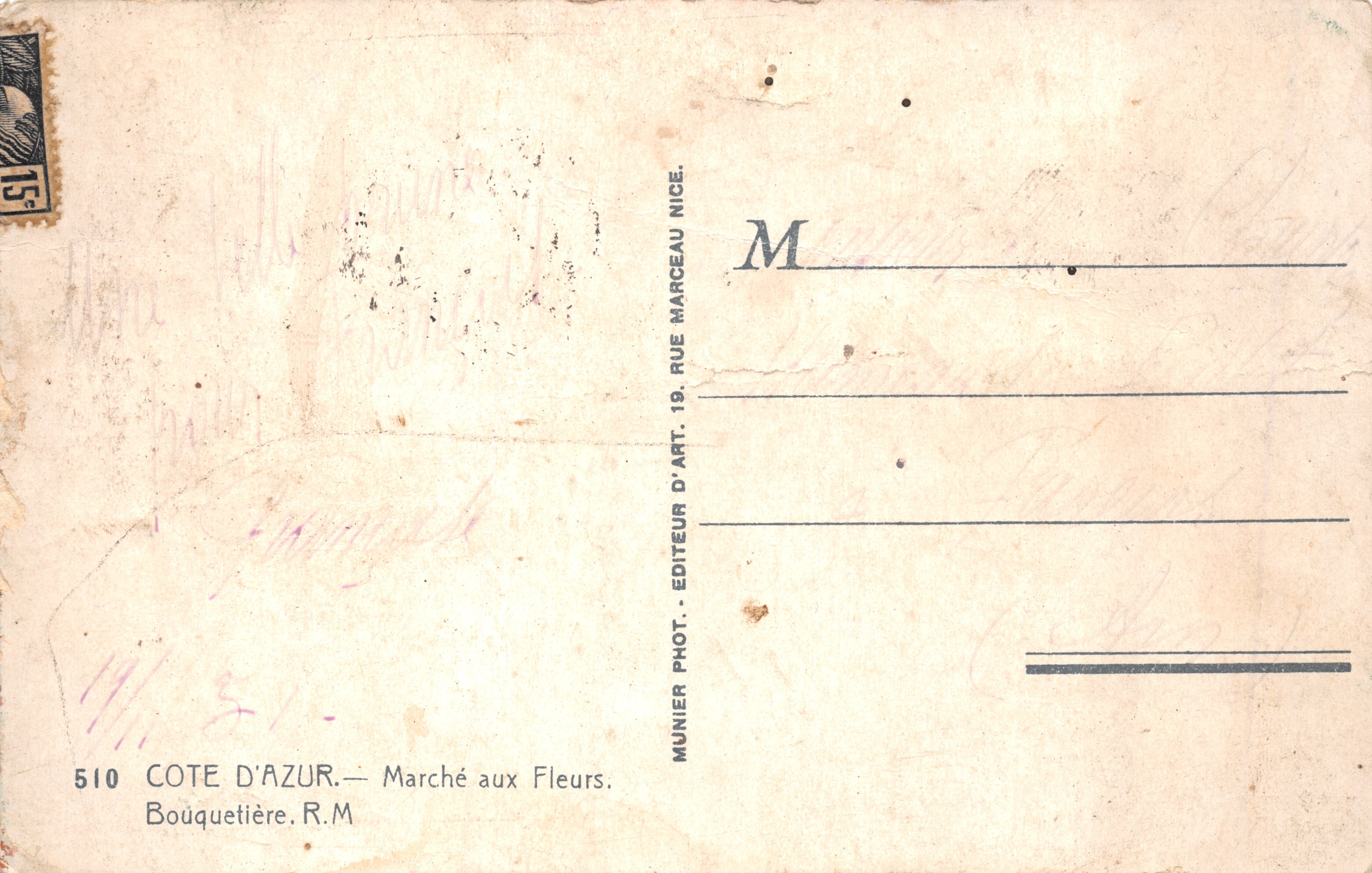 Femme au bouquet de fleurs — Exposition Coloniale 1931 — Munier, Nice — Rewers