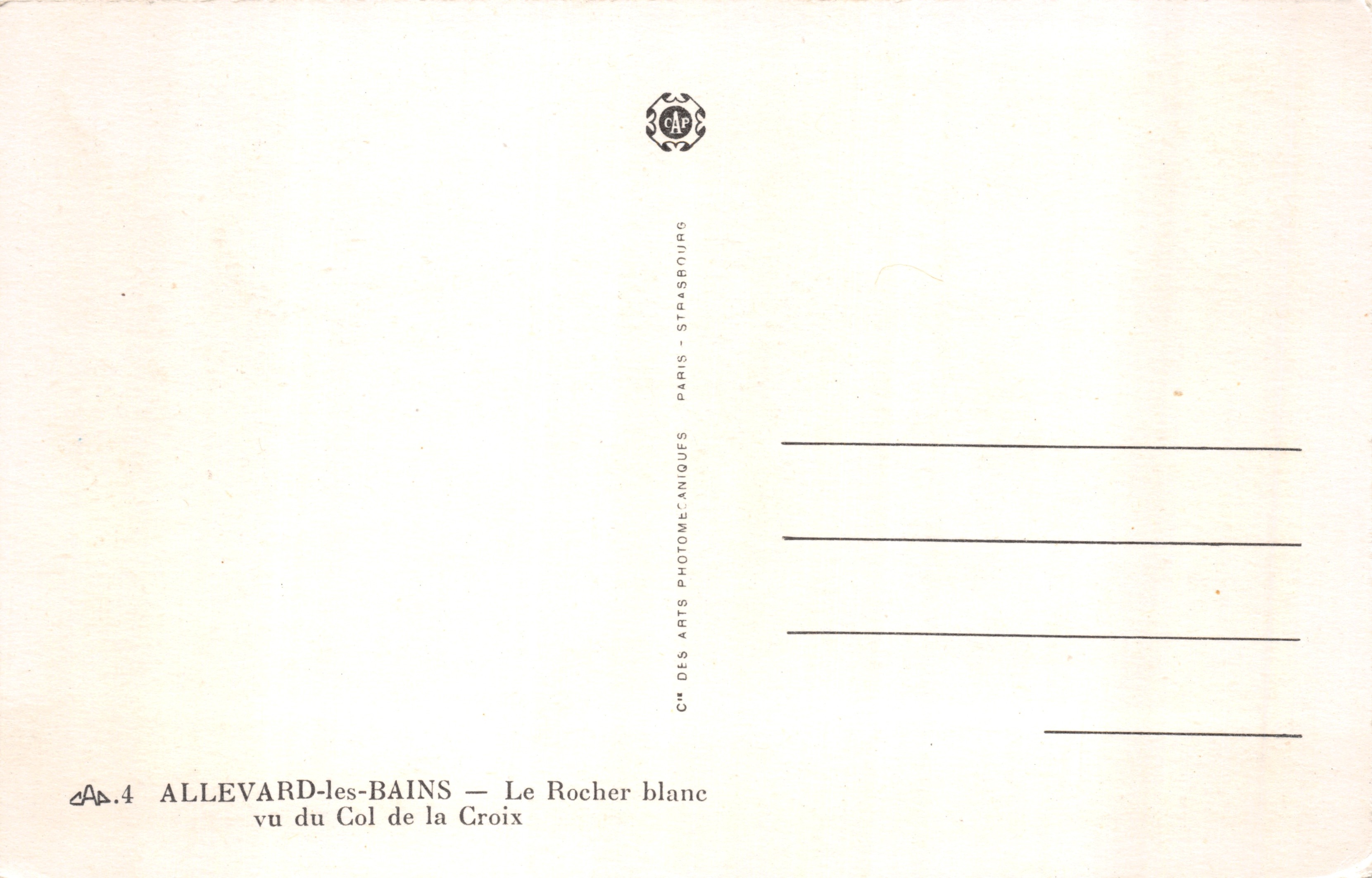 Allevard-les-Bains — Vista del Rocher blanc dal Col de la Croix — Cm des Arts Photomécaniques, Paris — Verso