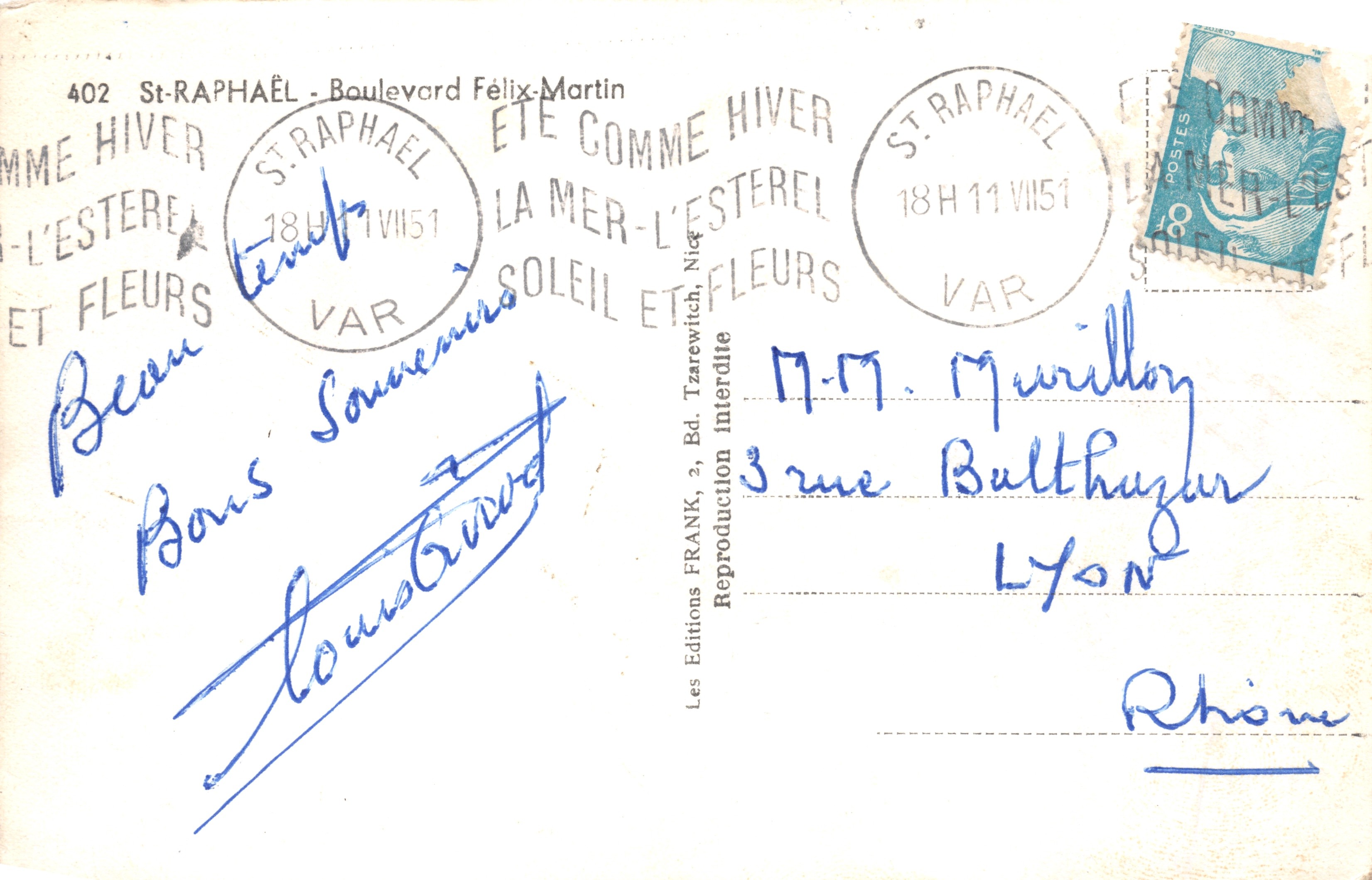 View of the beach and the Hotel Beau-Sejour — Saint-Raphaël, publisher Les Editions FRANK, n°402 — Back