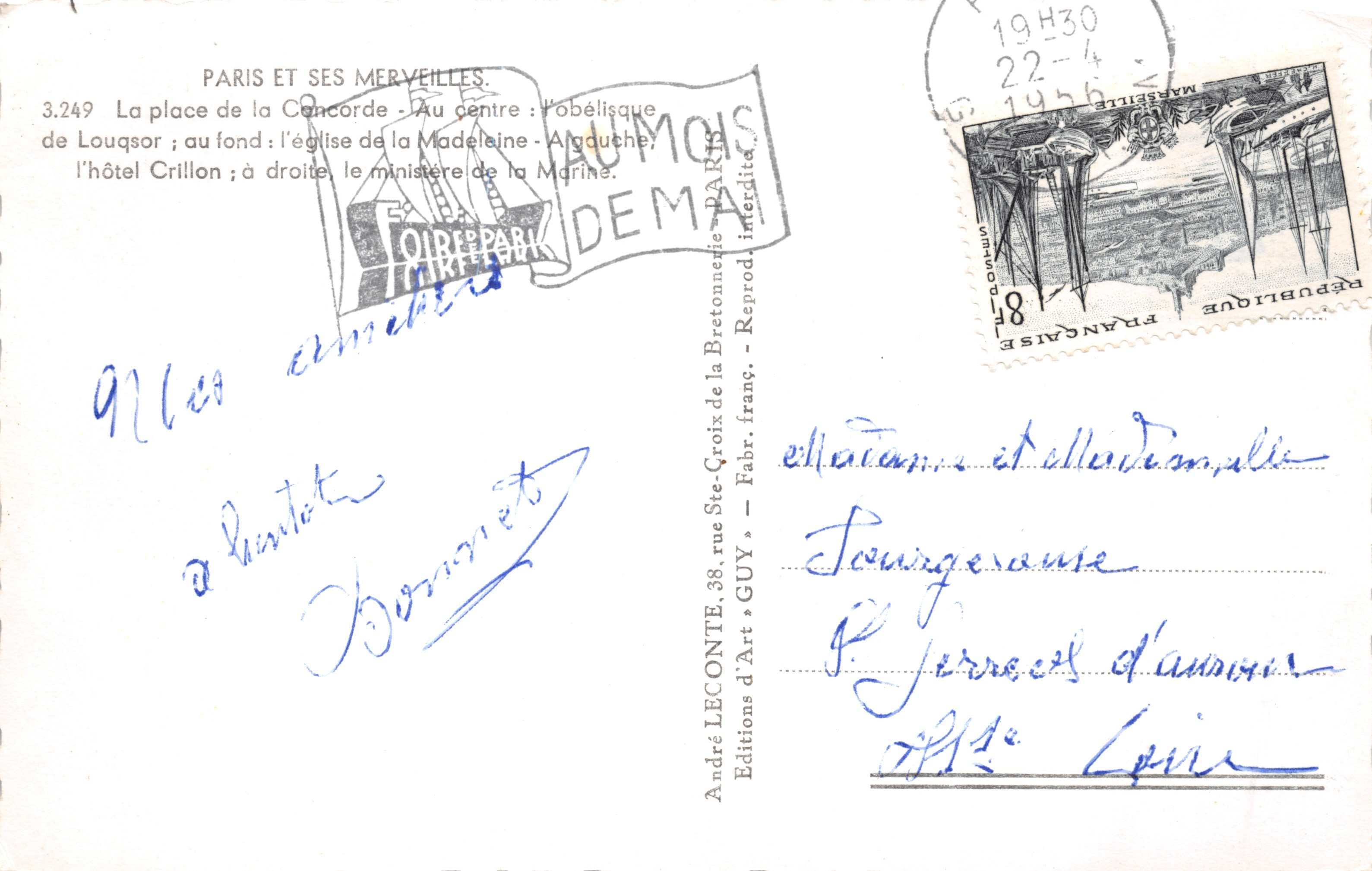 Place de la Concorde — Obelisco central, Hotel Crillon a la izquierda, Ministerio de Marina a la derecha — Éditions d'Art GUY, n° 3.249 — Reverso