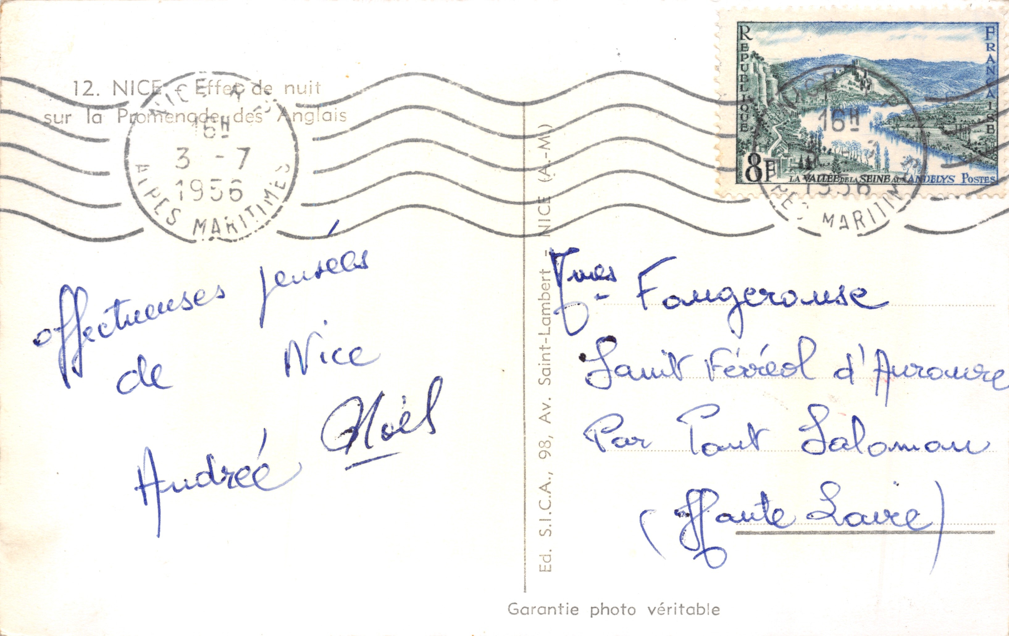 Nachtbild der Promenade des Anglais — NICE — Verlag S.I.C.A. n°12 — Rückseite