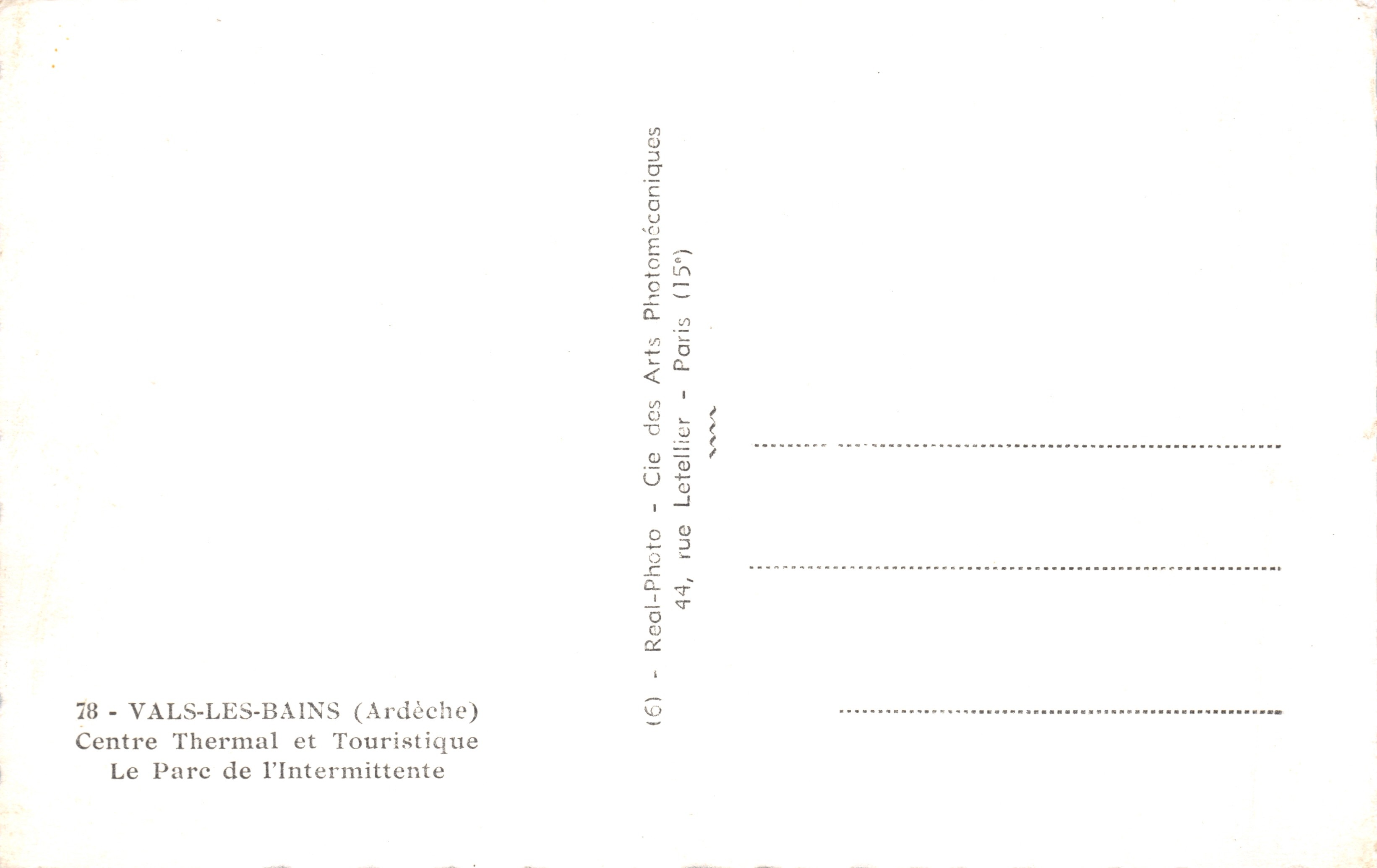 Parc de l'Intermittente — Vals-les-Bains (Ardèche) — uitgever Cie des Arts Photomécaniques — Achterkant