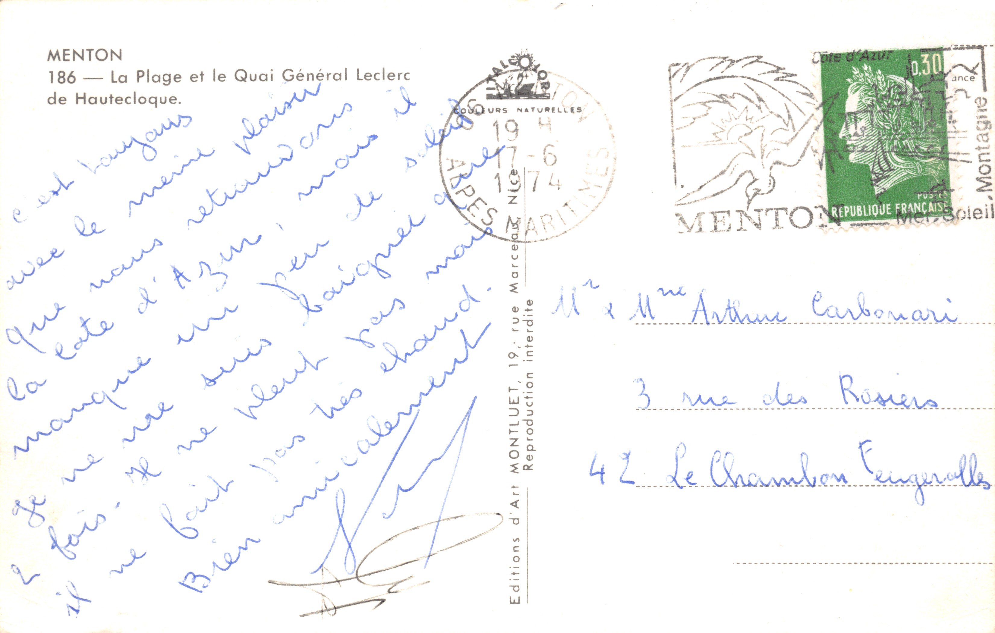 Menton — Spiaggia e Piazzale Generale Leclerc — Editions Naturelles — Verso