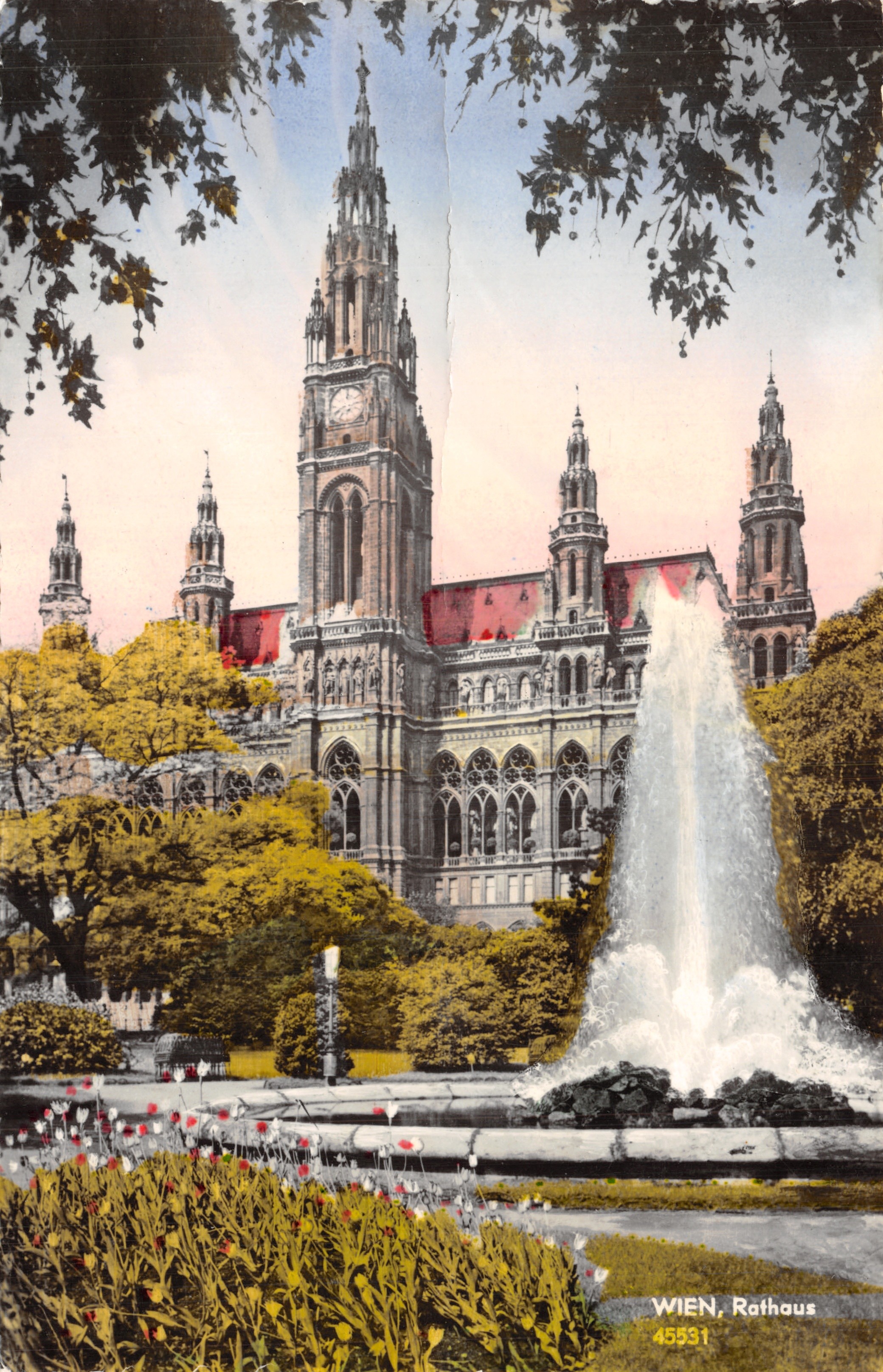 Vienna, Municipio — vista dell'edificio con fontana e alberi — editore PAG, n. 45531