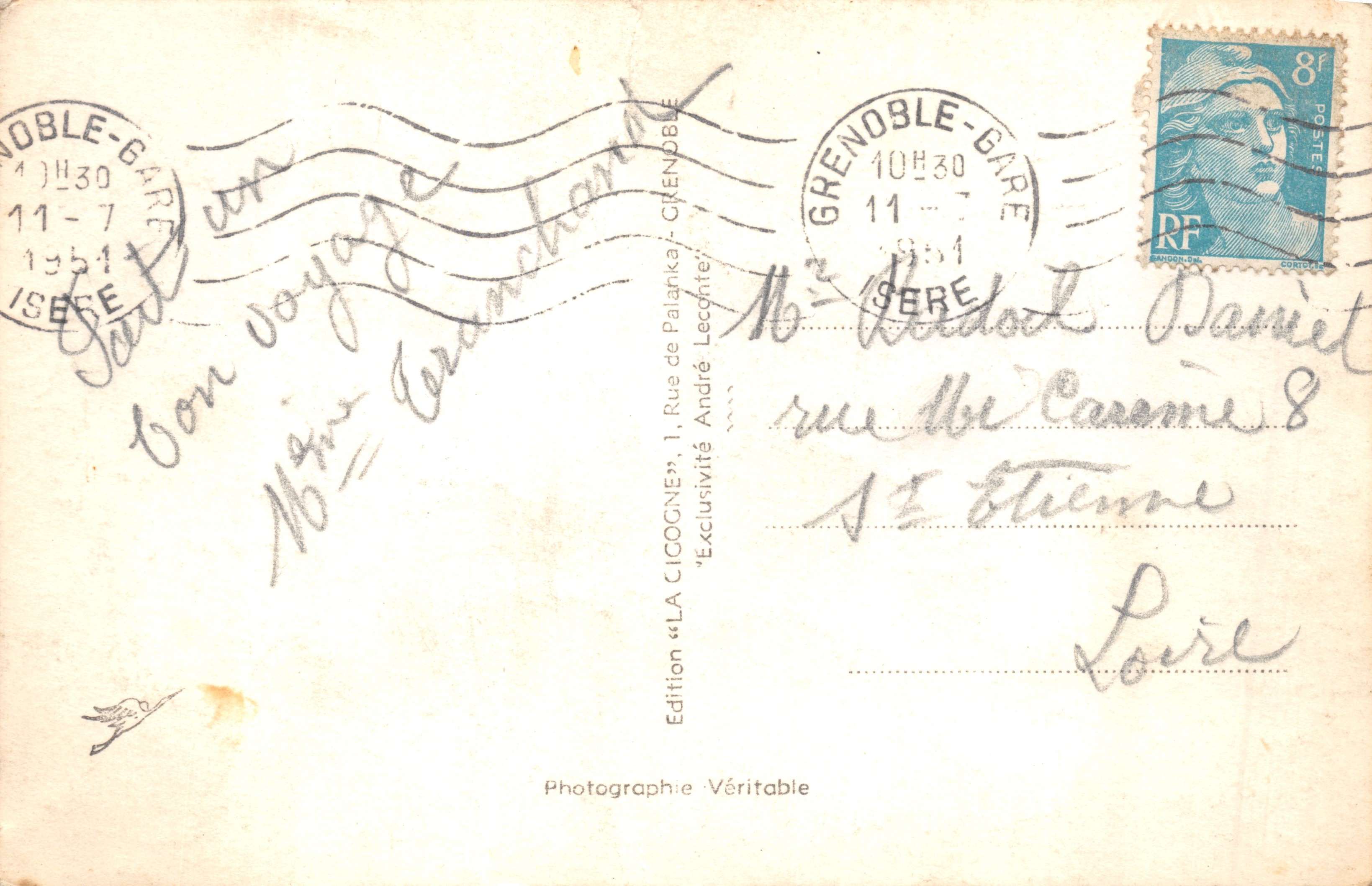 Grenoble - L'Isère - Le Téléférique — wydawca LA CICOGNE, n° 169 — Rewers