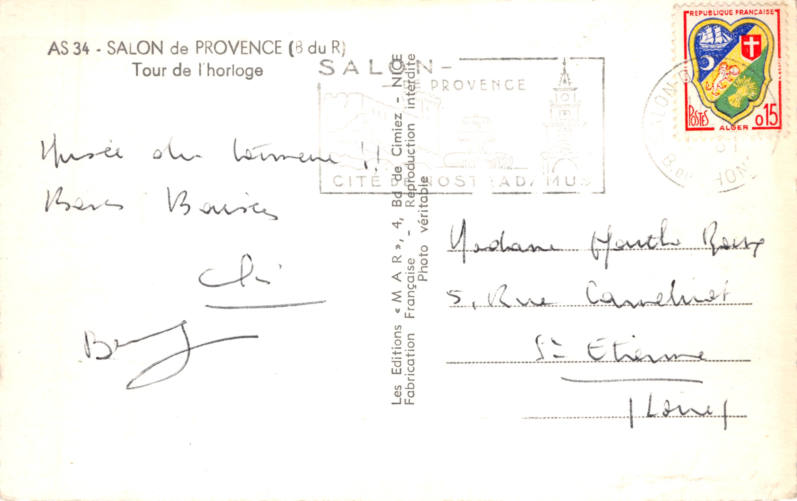 Salon de Provence — Torre del reloj — Editions M.A.R. (AS 34) — Reverso