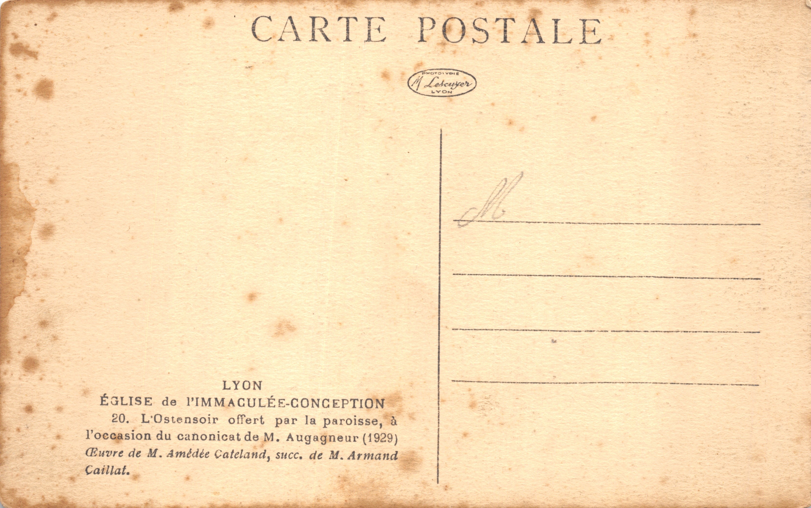 Ostensoir — Chiesa dell'Immacolata Concezione, Lione — Editore M. Lecuyer, Lione — Verso