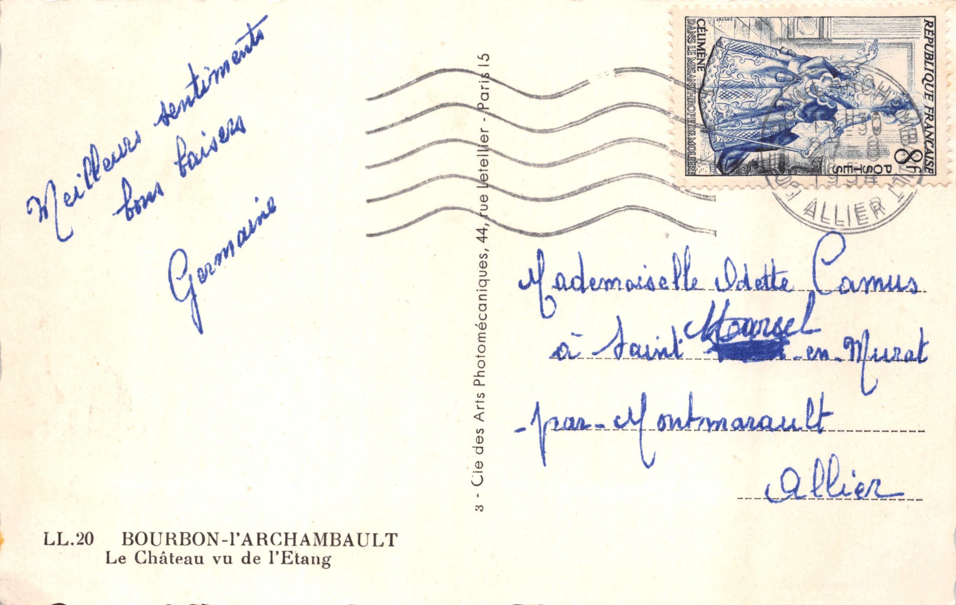 Château de Bourbon-l'Archambault — vu de l'étang — éditeur Cie des Arts Photomécaniques, n° LL.20 — Back