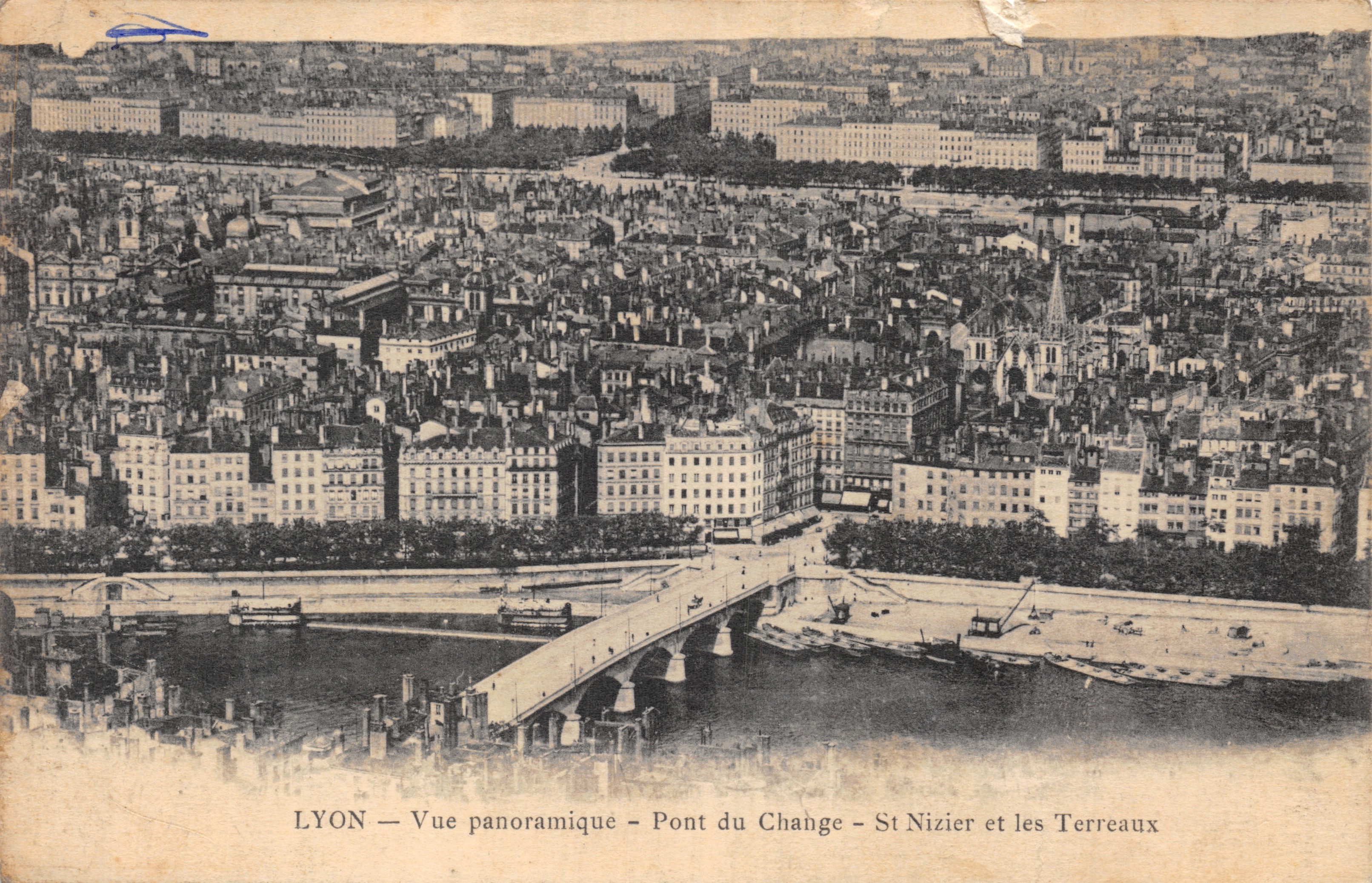 LYON — Vista panoramica — Pont du Change — St Nizier e i Terreaux — editore stampato sulla carta