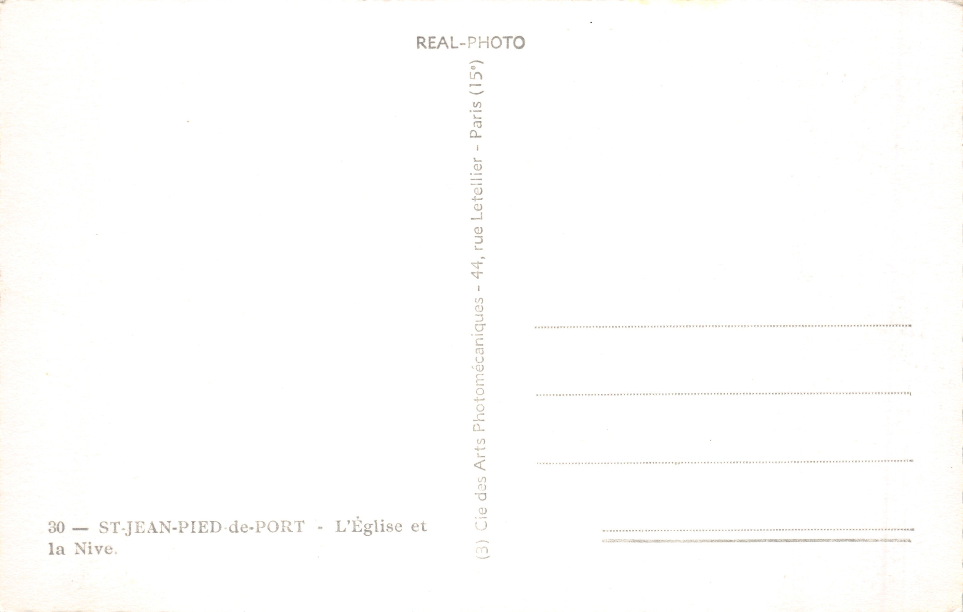 Saint-Jean-Pied-de-Port — La chiesa e la Nive — editore Cie des Arts Photomécaniques, Parigi — Verso