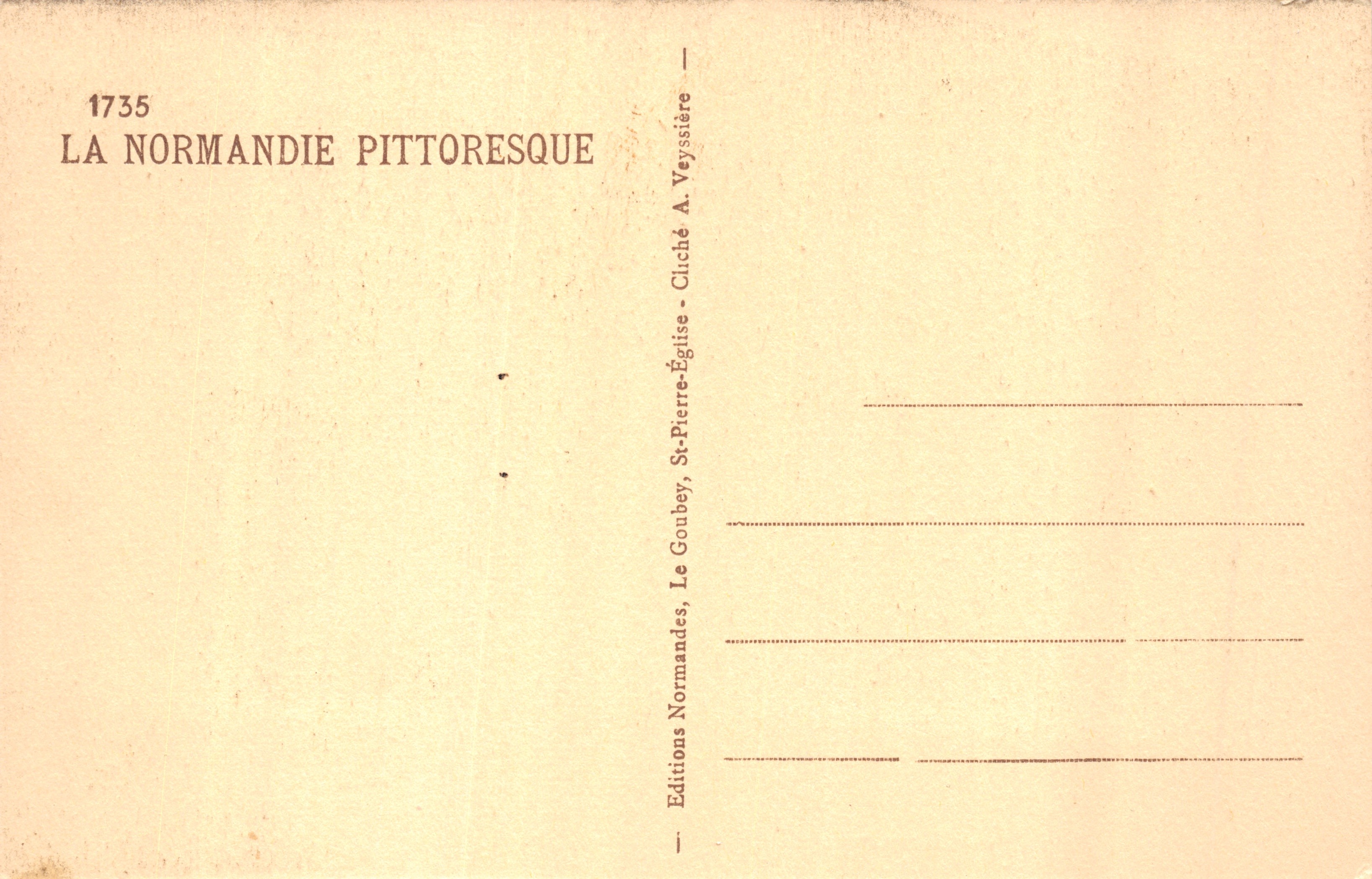Interior normando — habitación rústica con chimenea y armario — editor Goubey, n.º 1735 — Reverso