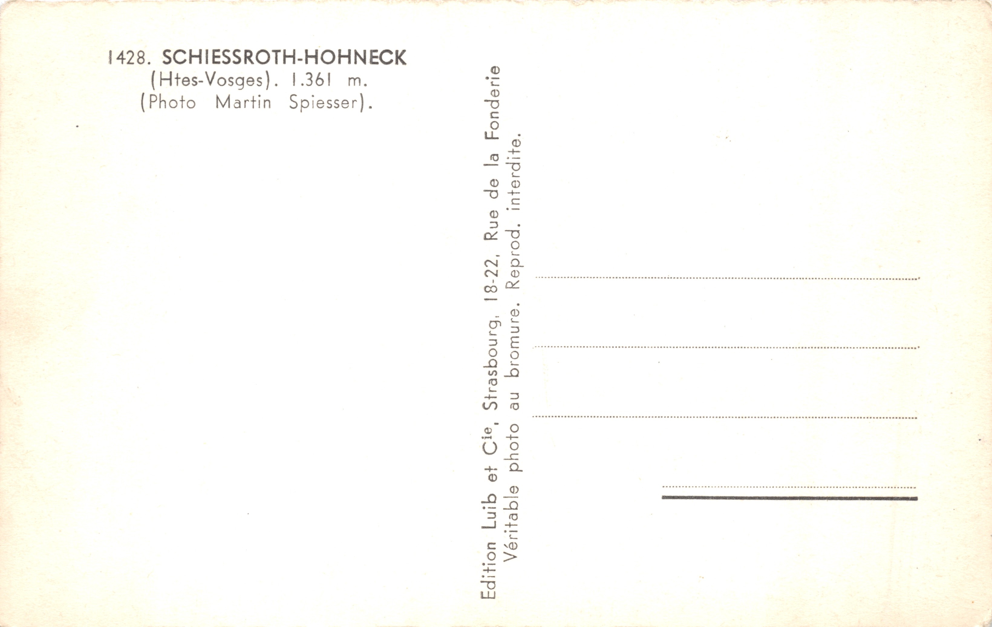 Schiessroth-Hohneck — snow-covered summit with buildings — Edition Luib et Cie, Strasbourg — Back