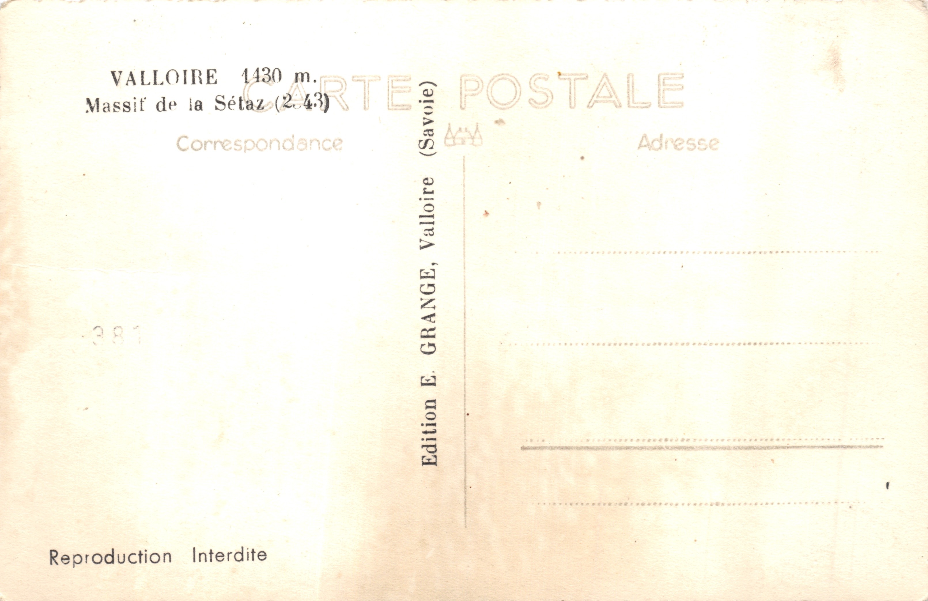 Valloire 1430 m. — Massif de la Sétaz — Edition by E. Grange, Valloire (Savoie) — Back