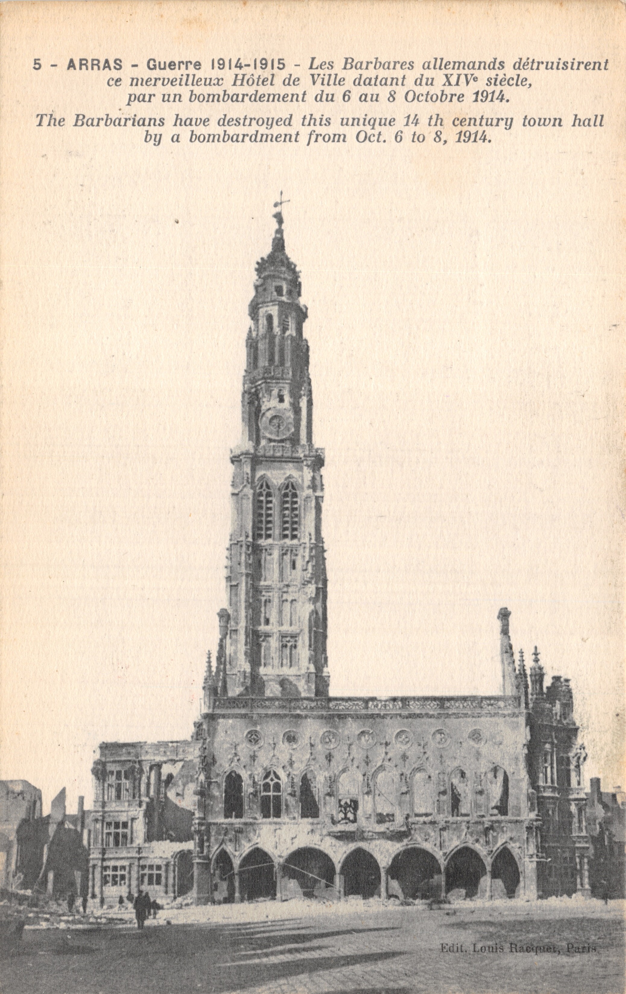 Arras — Hôtel de Ville vernietigd tijdens de oorlog 1914-1915 — Éditeur Louis Racquin, Parijs, n°5