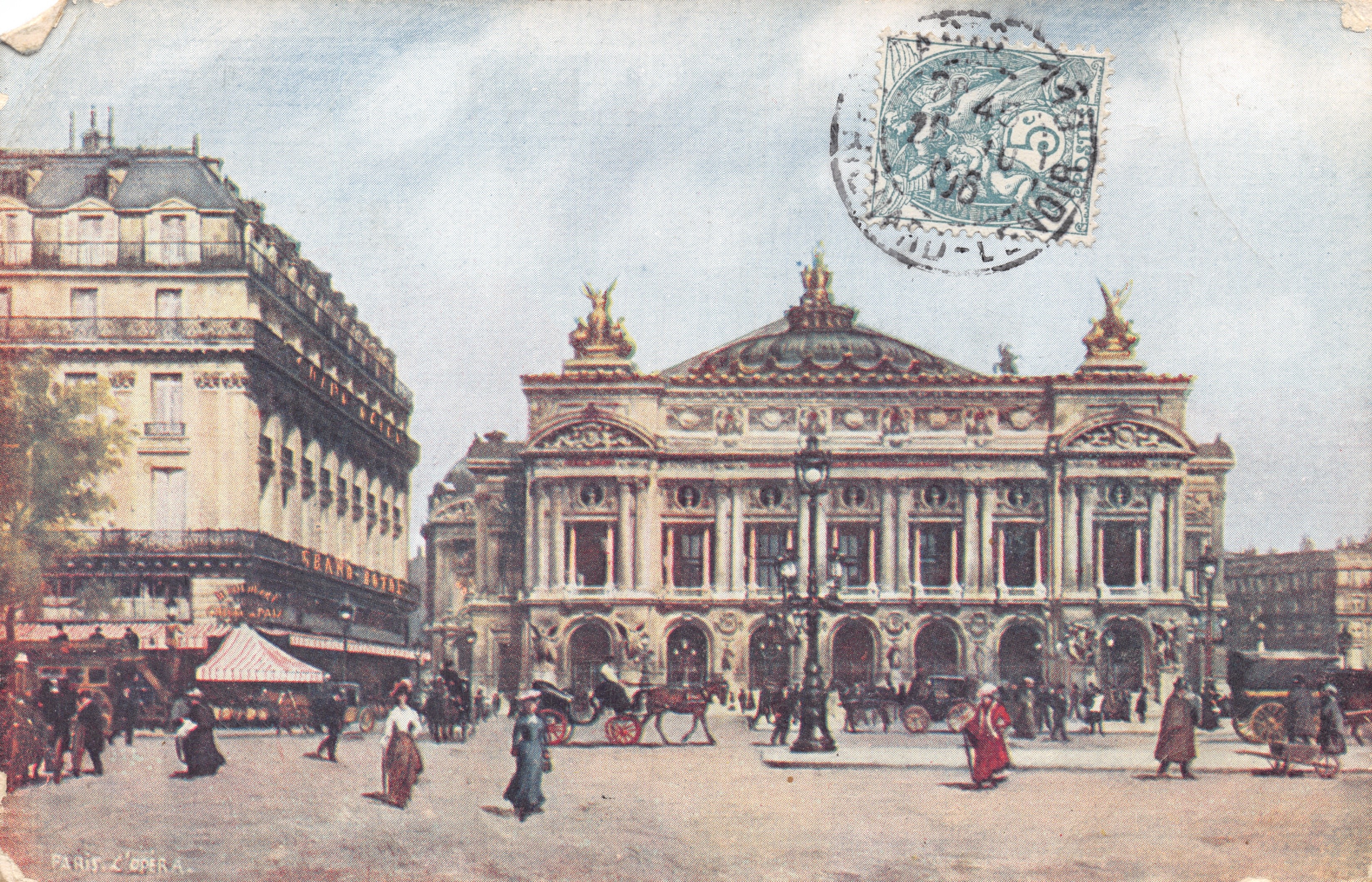 Parigi - Opera — facciata del Grand Opéra con scena di strada e carrozza — editore Paris l'Opéra