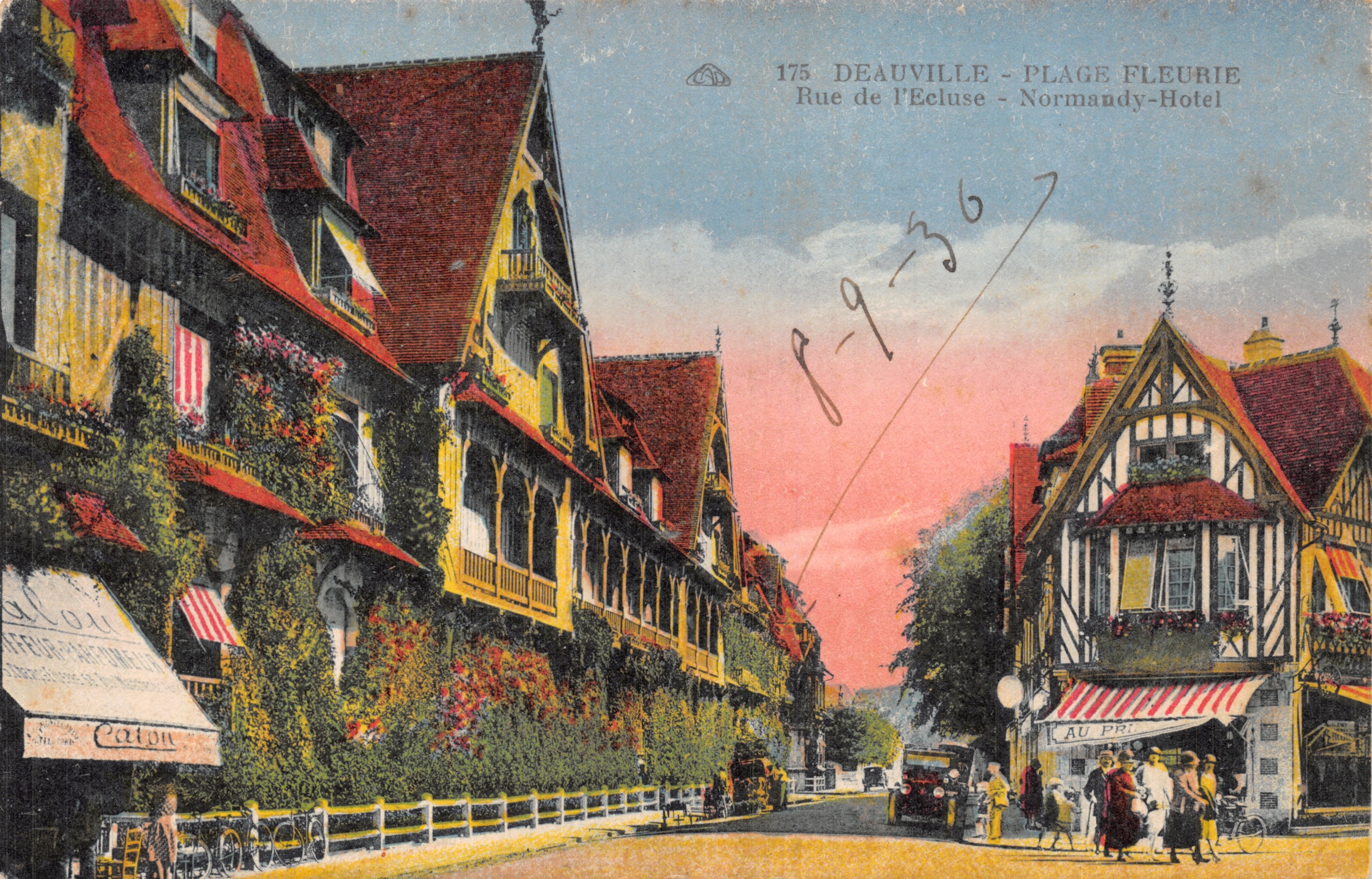 Deauville — Kwitnąca plaża — Rue de l'Ecluse — Hotel Normandy, wydawca drukowany na karcie, nr 175