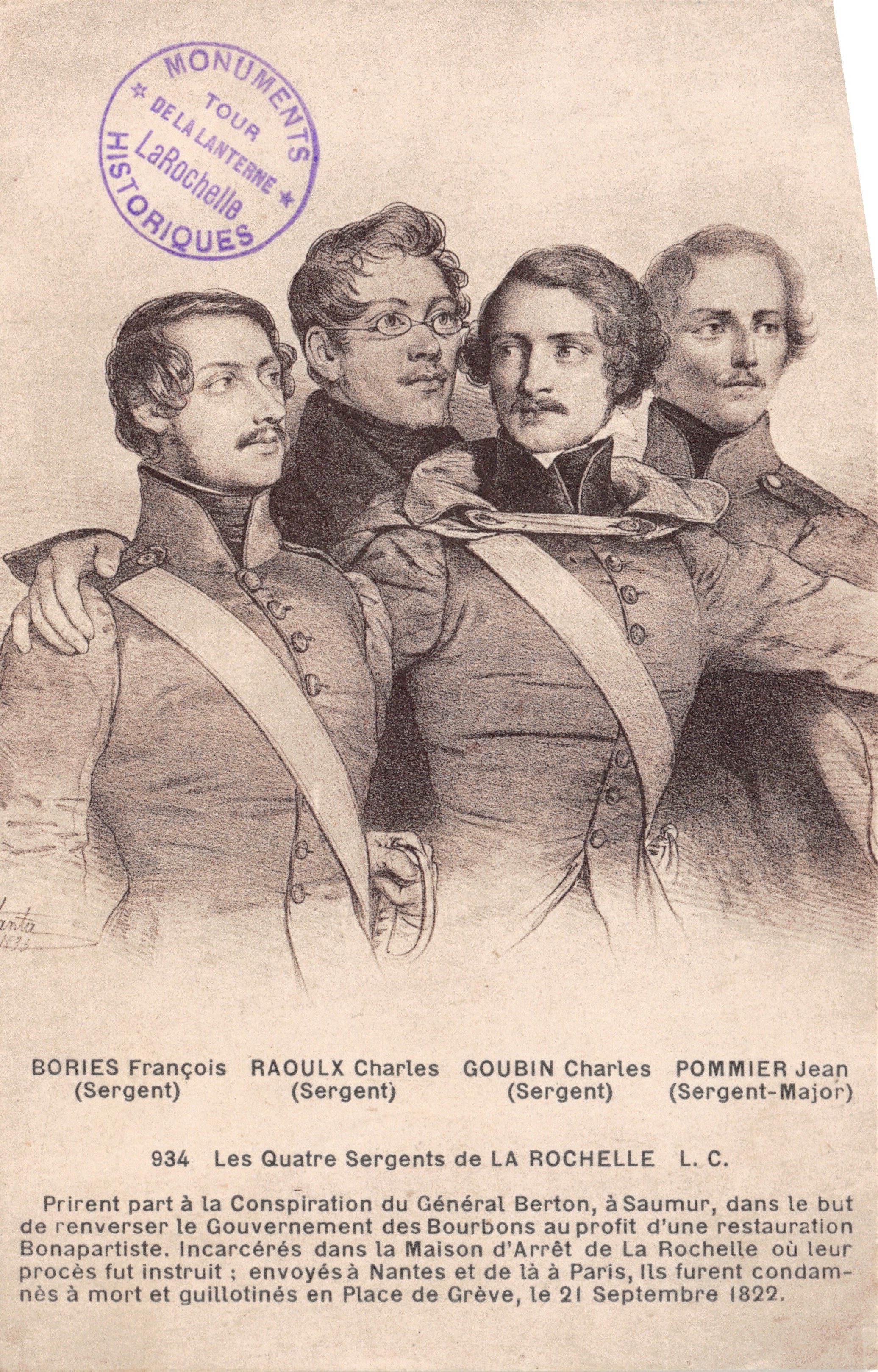 I quattro sergenti di La Rochelle — illustrazione dei quattro uomini con i loro nomi e ruoli — editore La Lanterne, n. 934