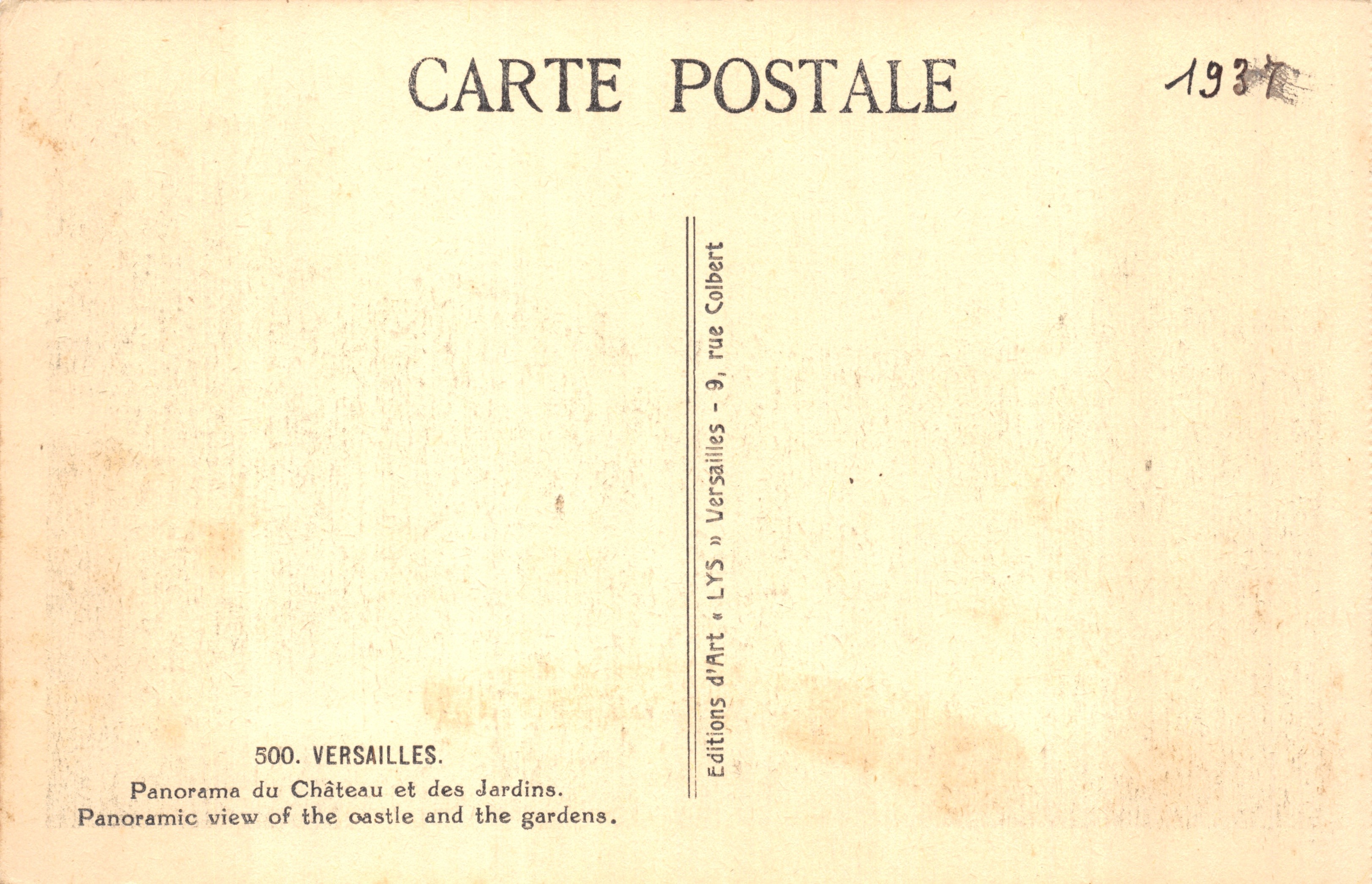 Versailles — Panorama del Palazzo e dei Giardini — Éditions d'Art « LYS » — Verso