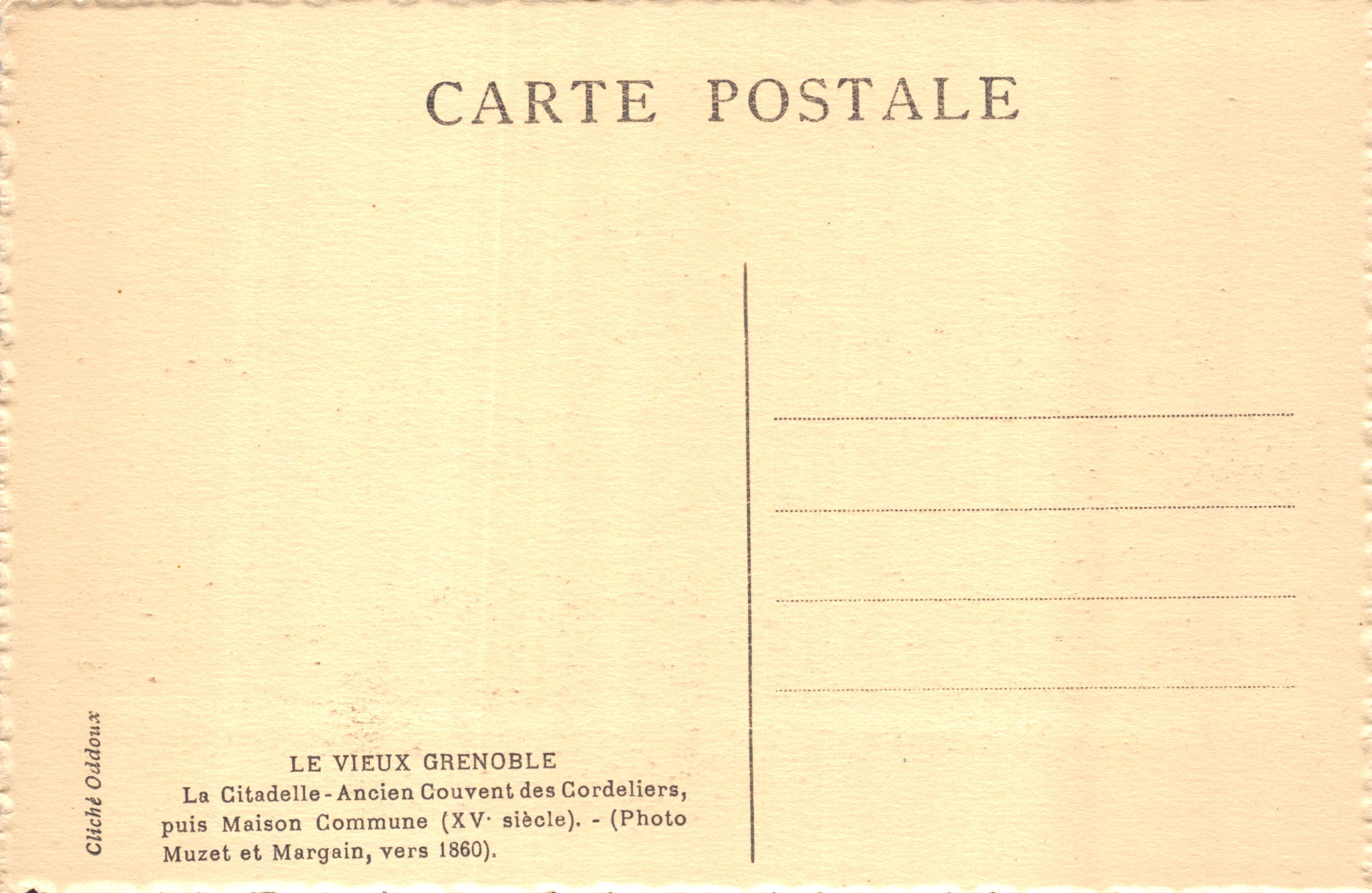 Grenoble antiguo — La Citadel-Ex Convento de los Cordeliers, posteriormente Ayuntamiento (siglo XV) — Foto de Muzet y Margain, alrededor de 1860 — Reverso